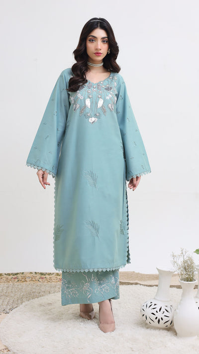 2263-Ice Blue Embroidered 2-Piece  Cotton Lawn Suit