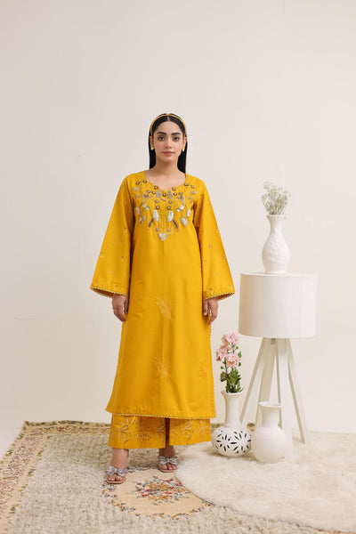 2263-Golden Embroidered 2-Piece Cotton Lawn Suit – Elegant Summer Wear