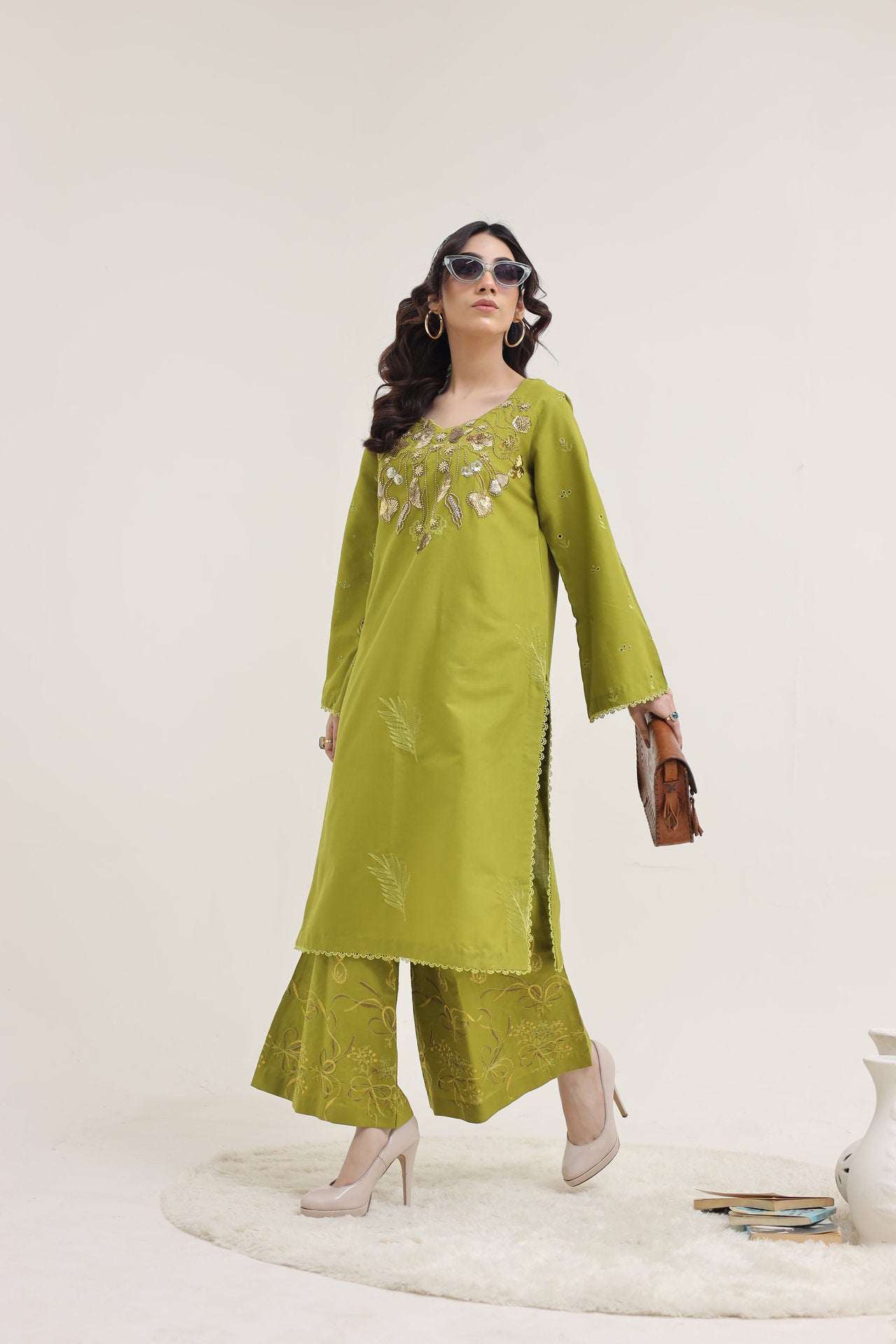 2263-Parrot Green Embroidered 2-Piece Cotton Lawn Suit – Elegant Summer Wear