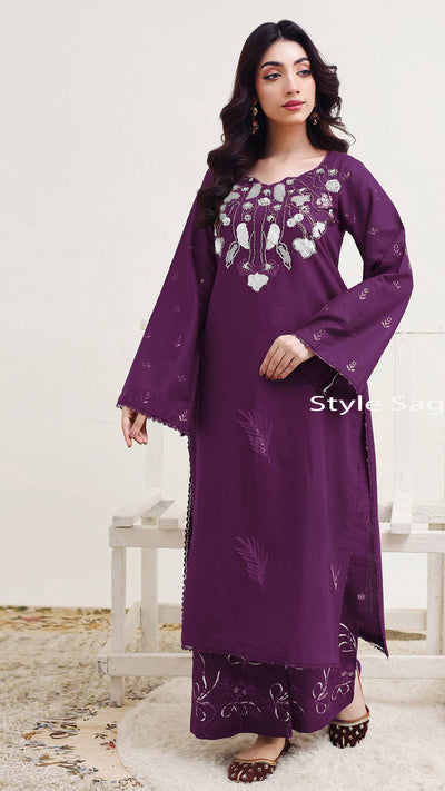 2263-Purple Embroidered 2-Piece Cotton Lawn Suit – Elegant Summer Wear