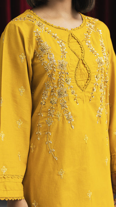 2265-Golden-colored embroidered 2-piece lawn Suit