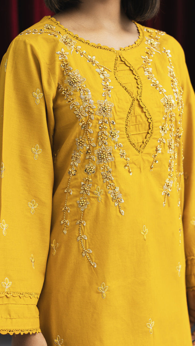 2265-Golden-colored embroidered 2-piece lawn Suit