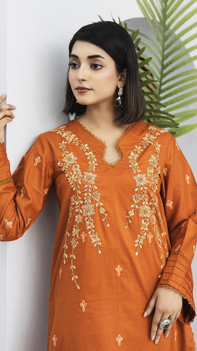 2265-Orange-colored embroidered 2-piece lawn Suit