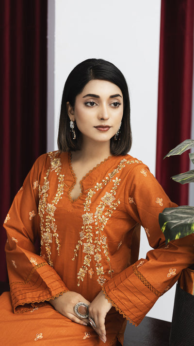2265-Orange-colored embroidered 2-piece lawn Suit