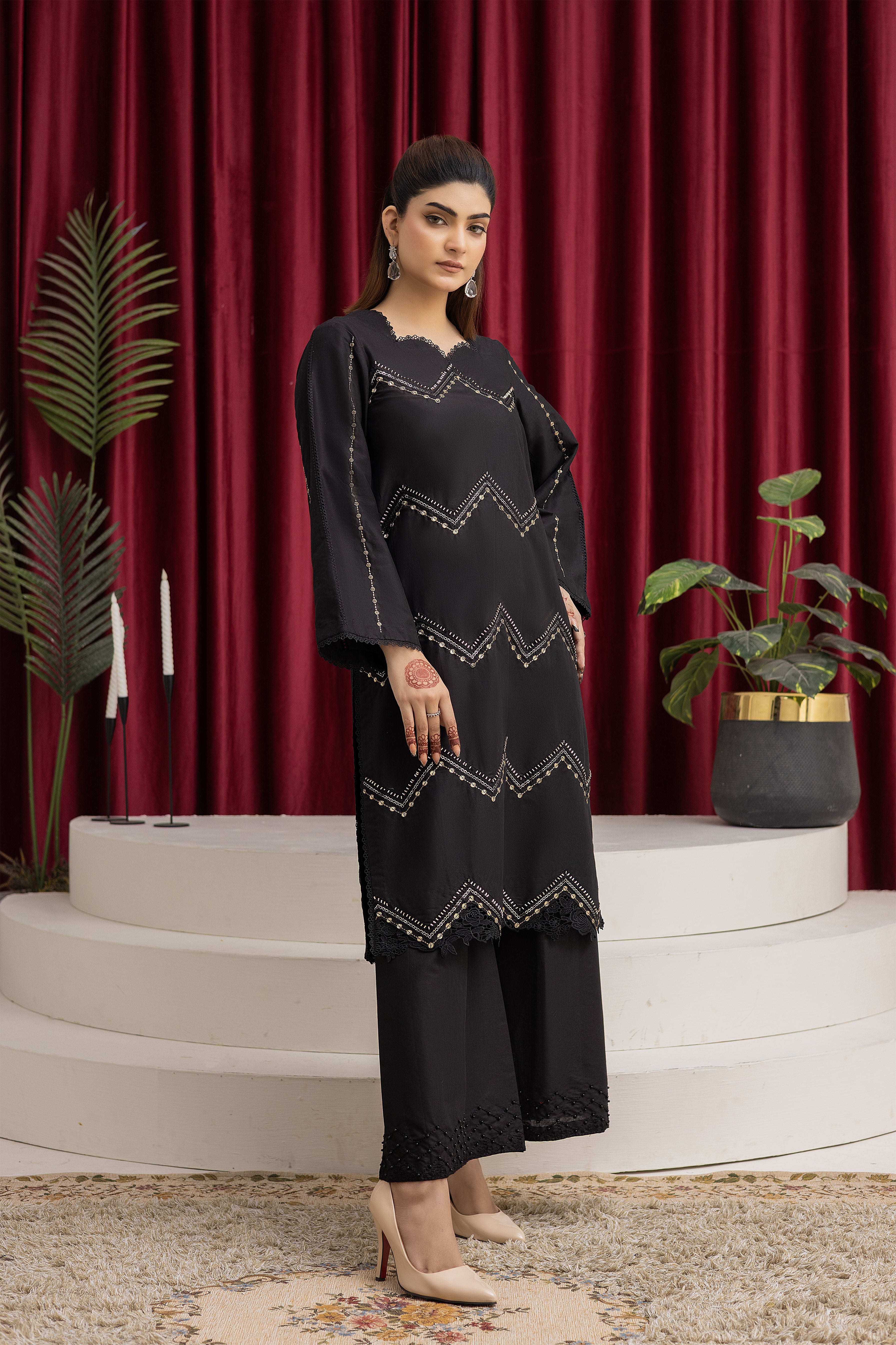 2283-Black Embroidered 2-Piece Cotton Lawn Suit