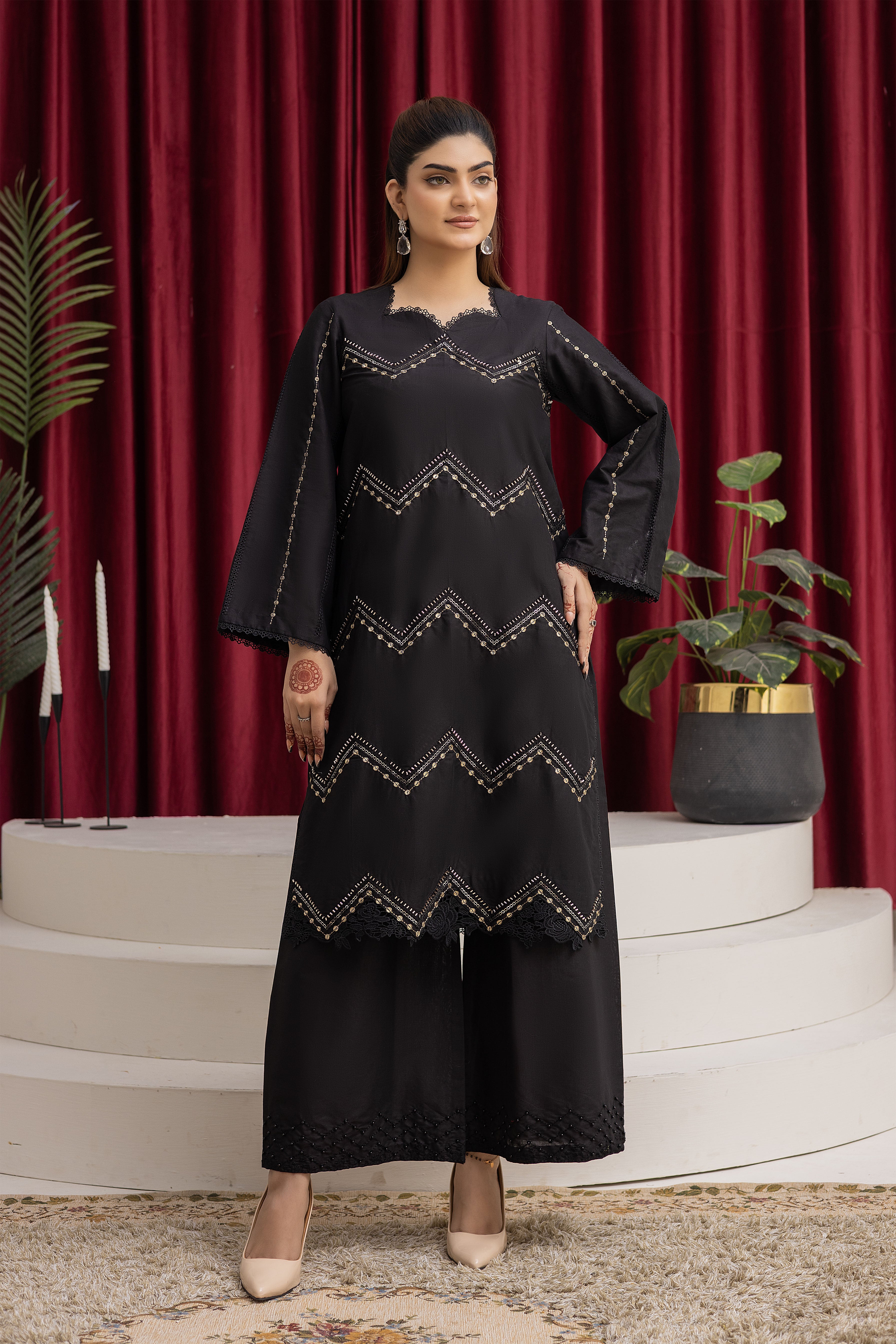 2283-Black Embroidered 2-Piece Cotton Lawn Suit