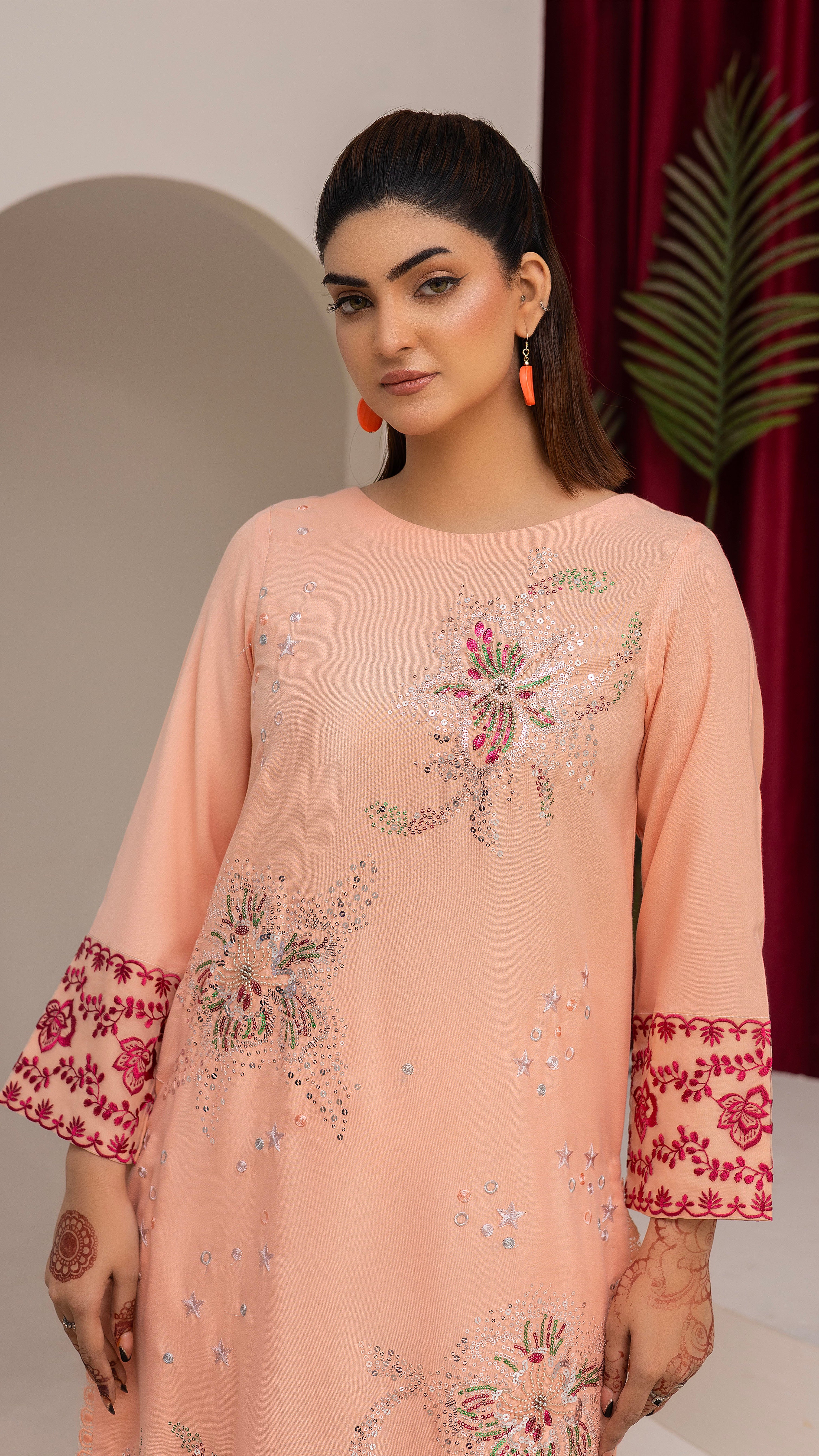 2284-Peach Embroidered 2-Piece Dhanak Suit