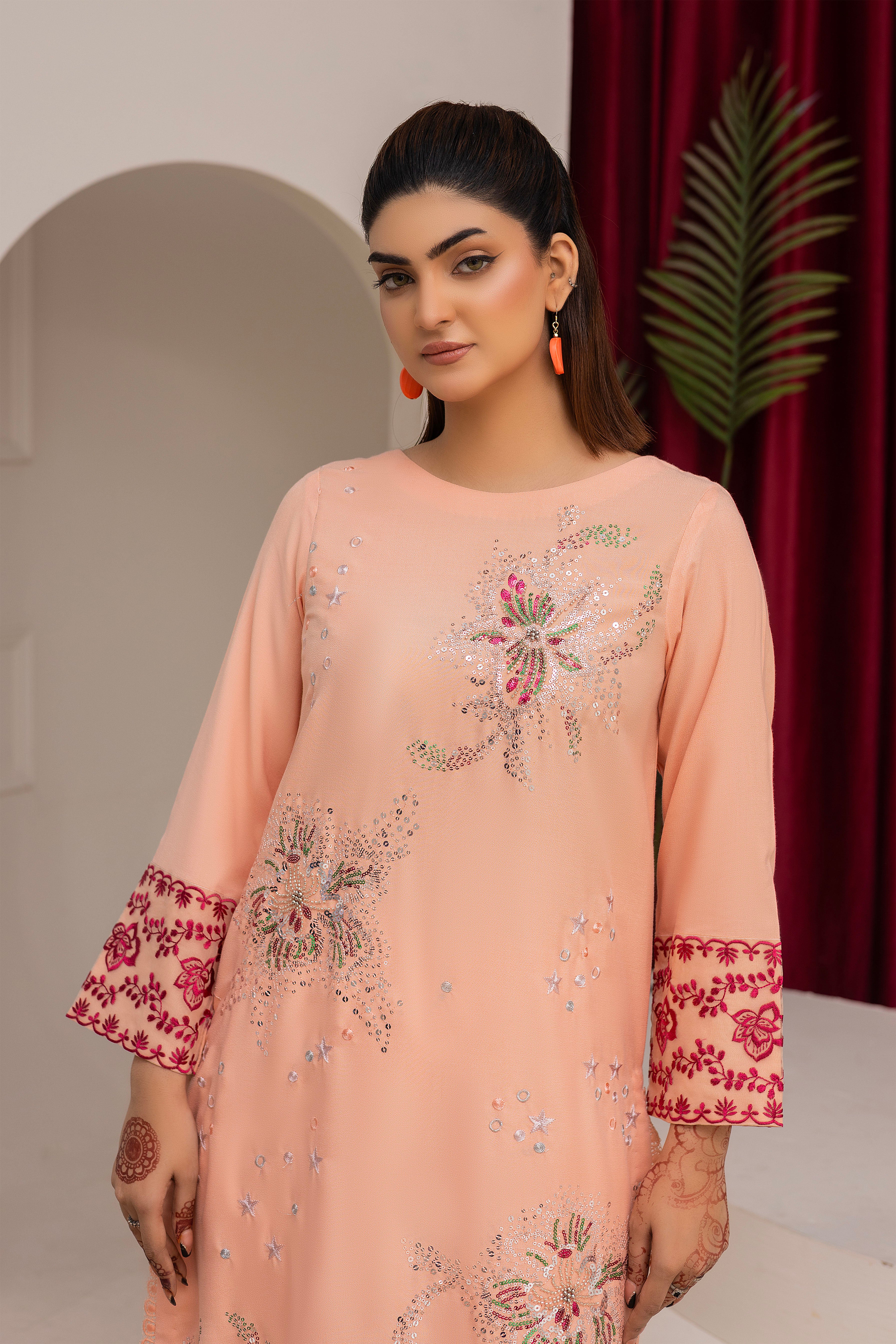 2284-Peach Embroidered 2-Piece Dhanak Suit