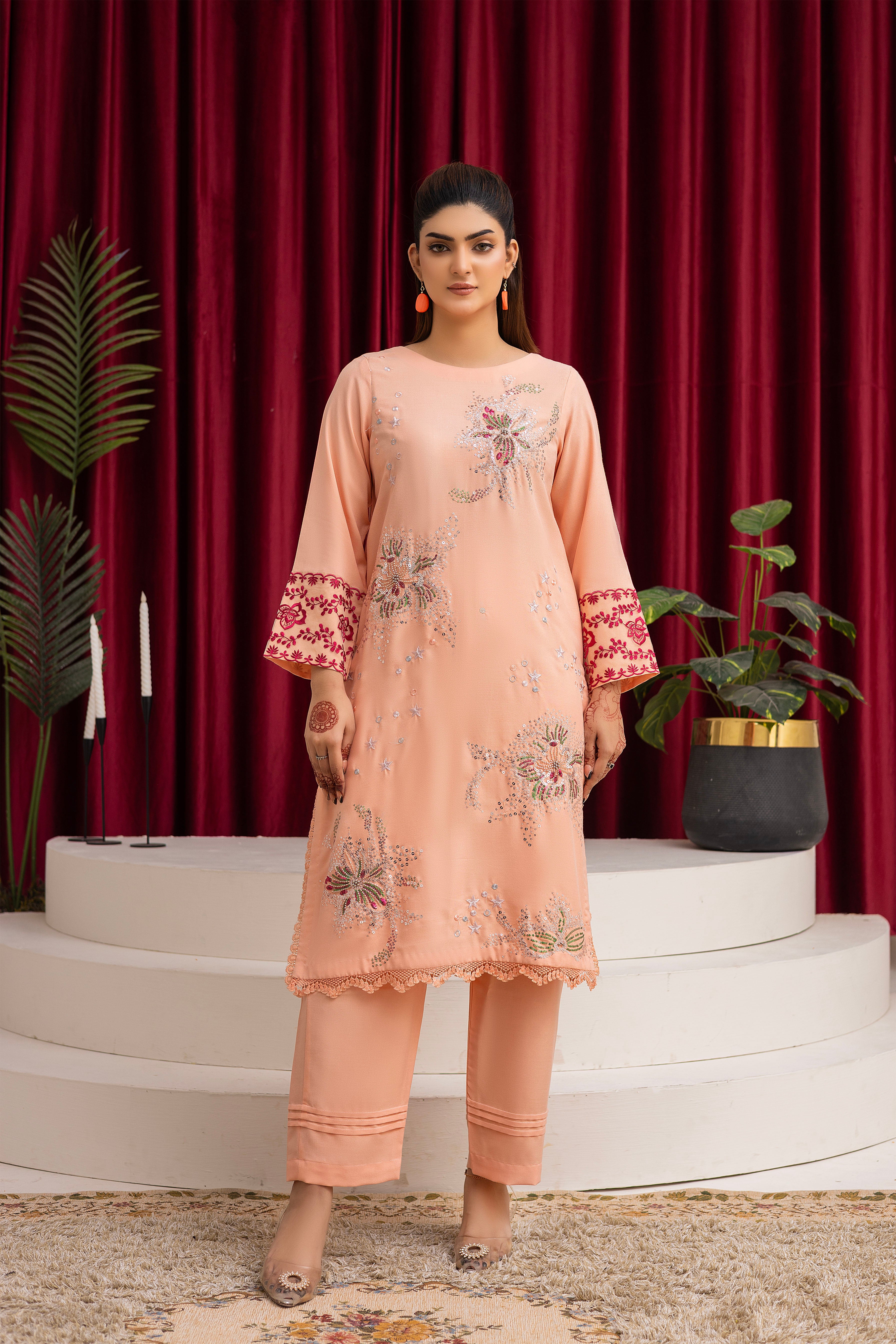 2284-Peach Embroidered 2-Piece Dhanak Suit