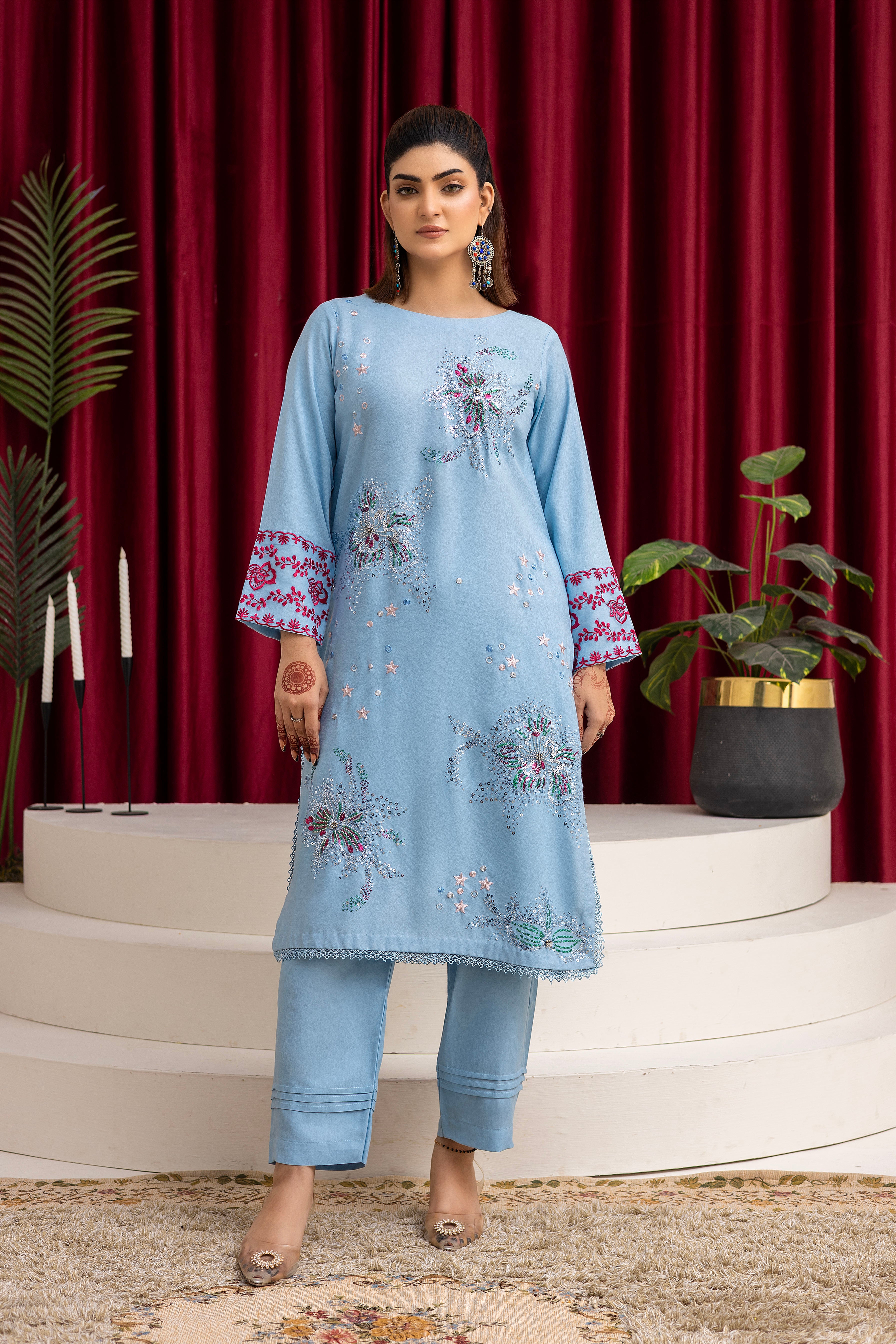 2284-Sky Blue Embroidered 2-Piece Dhanak Suit