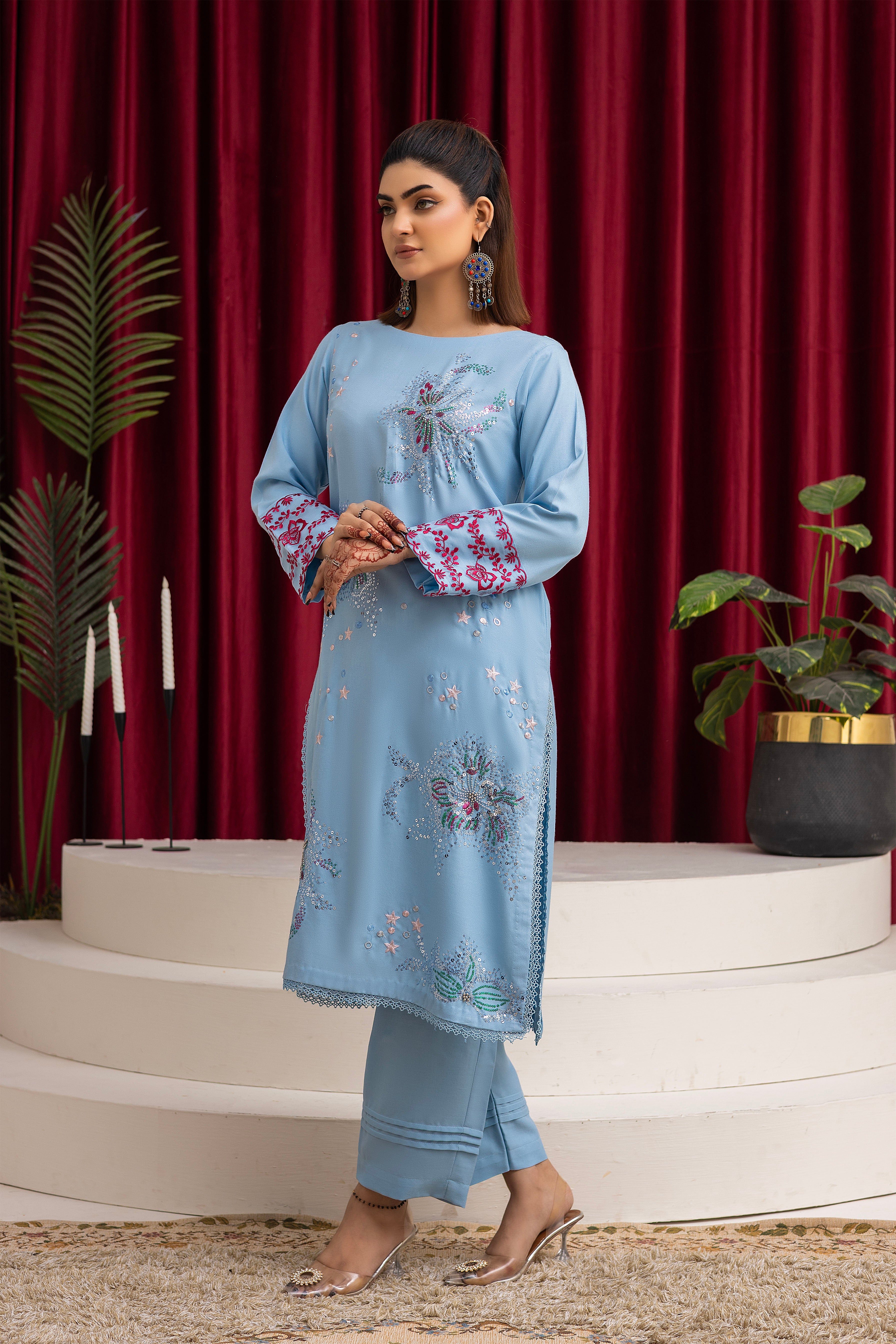 2284-Sky Blue Embroidered 2-Piece Dhanak Suit