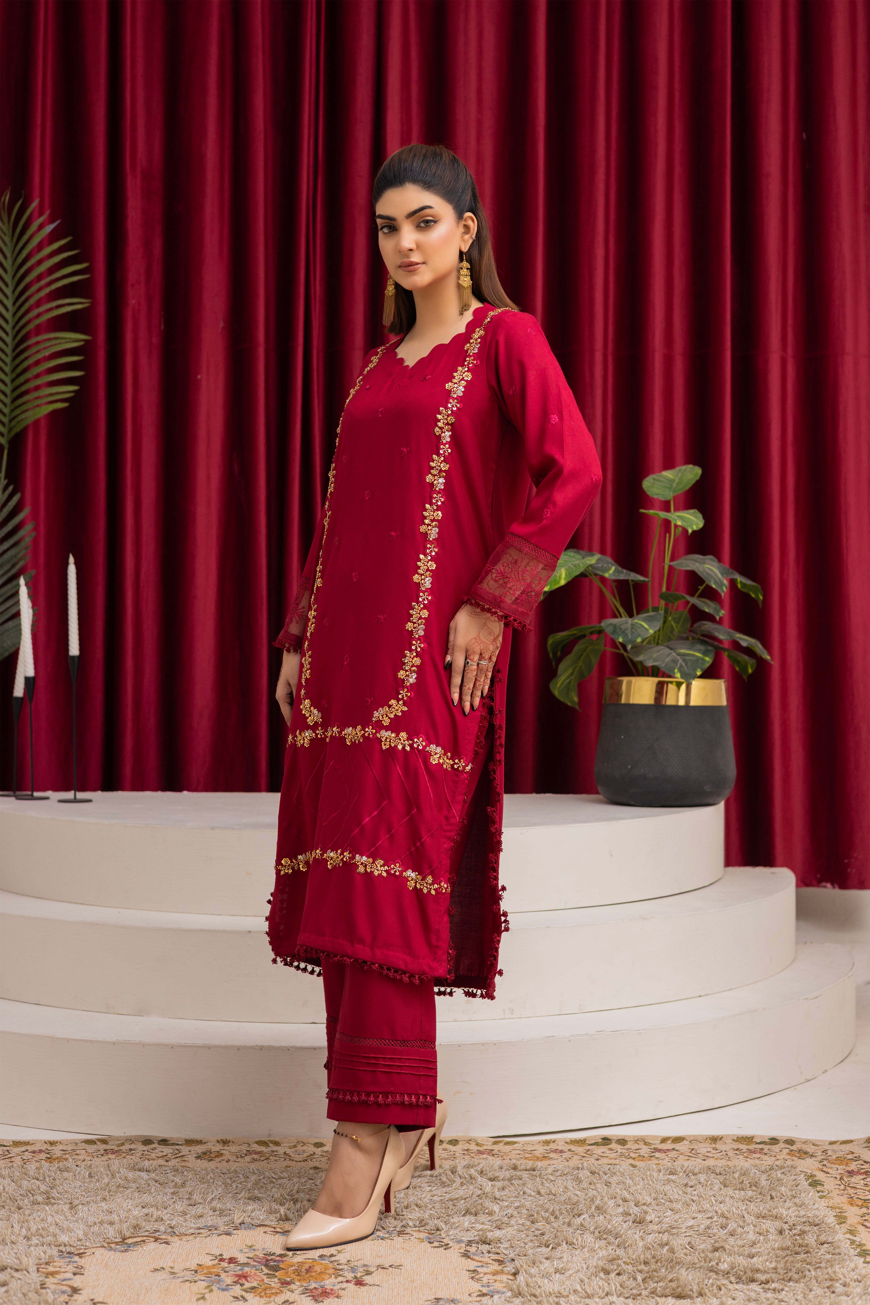 2286-Hot Pink Embroidered 2-Piece Dhanak Suit