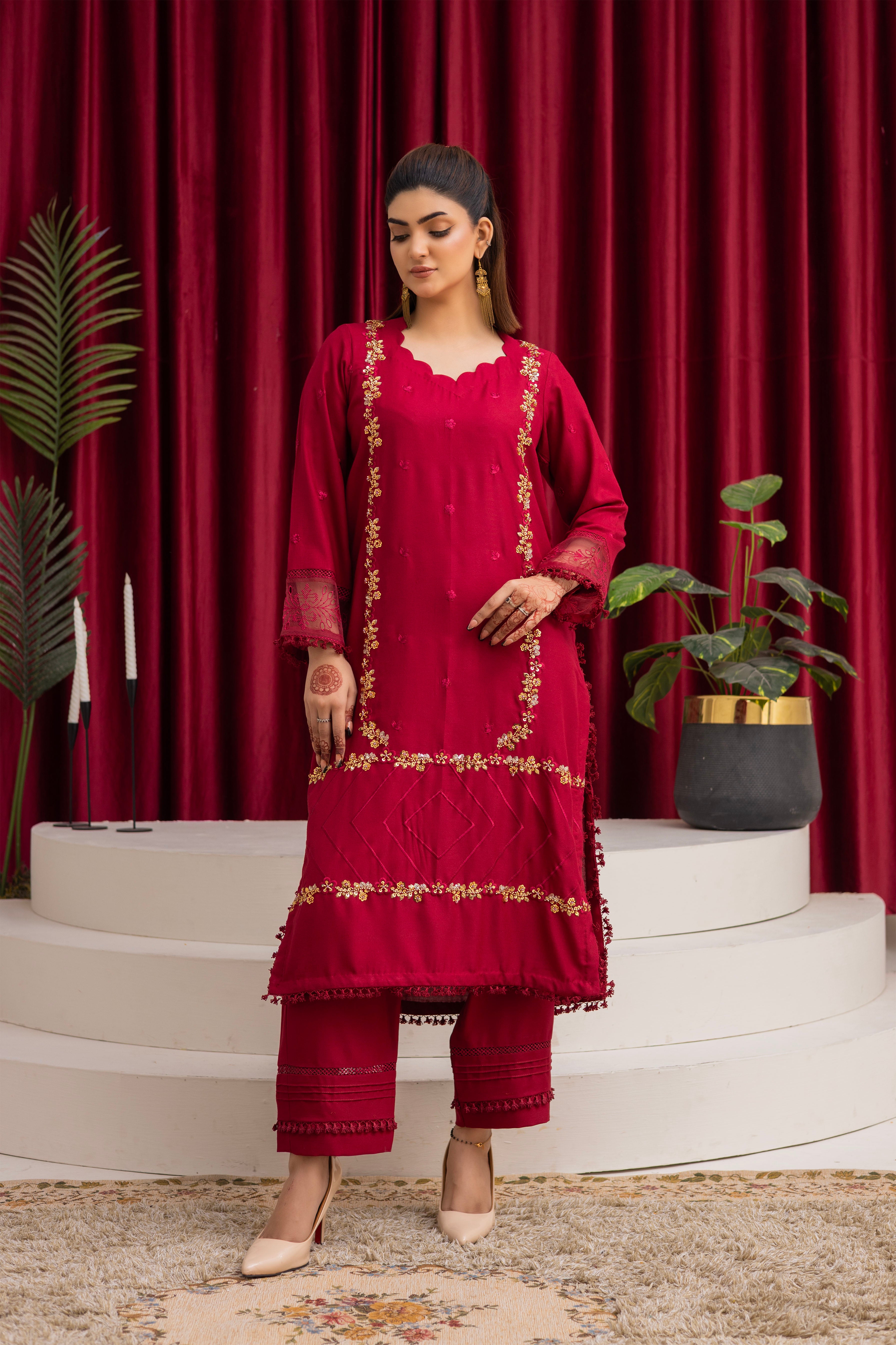 2286-Hot Pink Embroidered 2-Piece Dhanak Suit