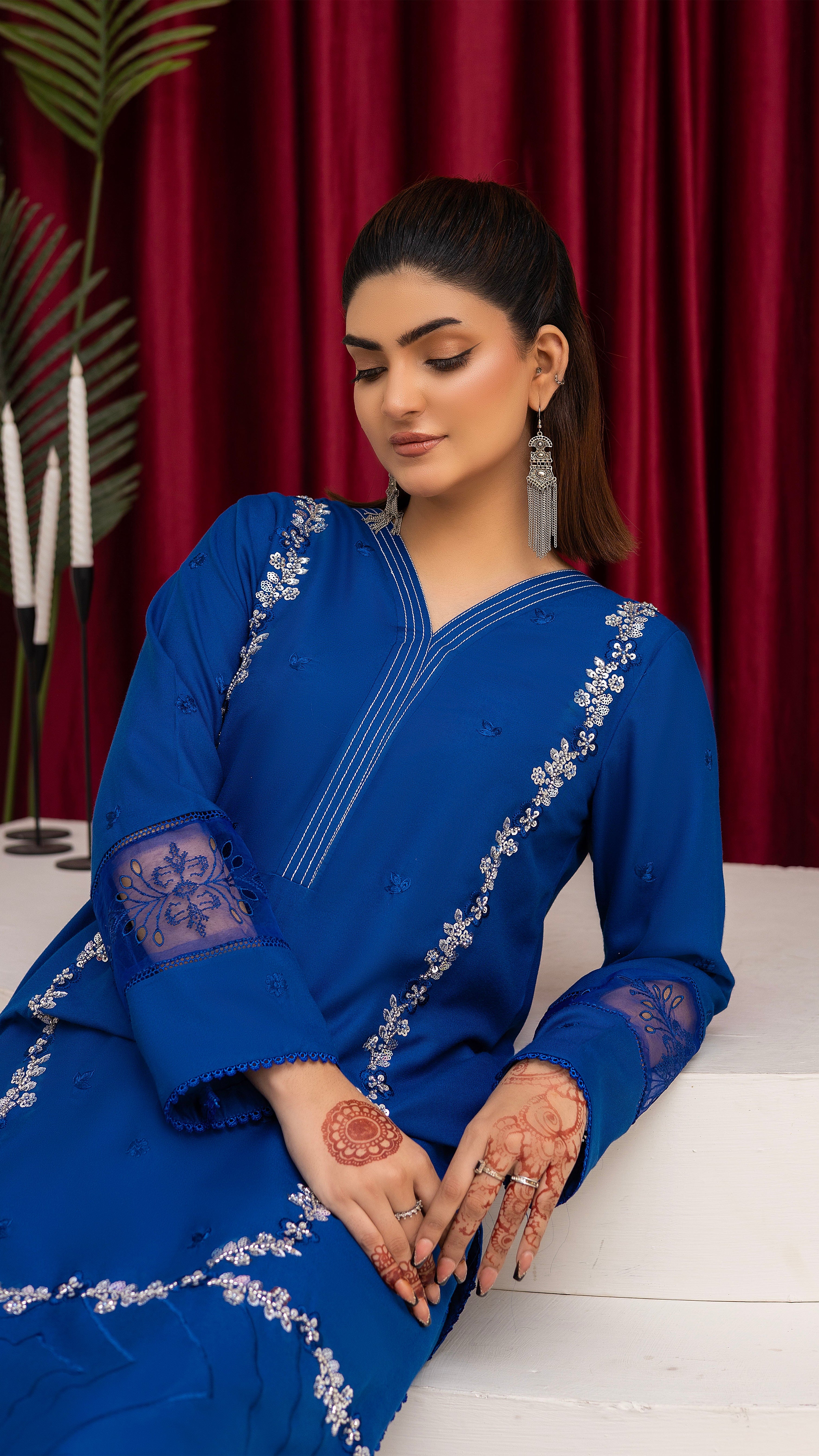 2286-Ink Blue Embroidered 2-Piece Dhanak Suit
