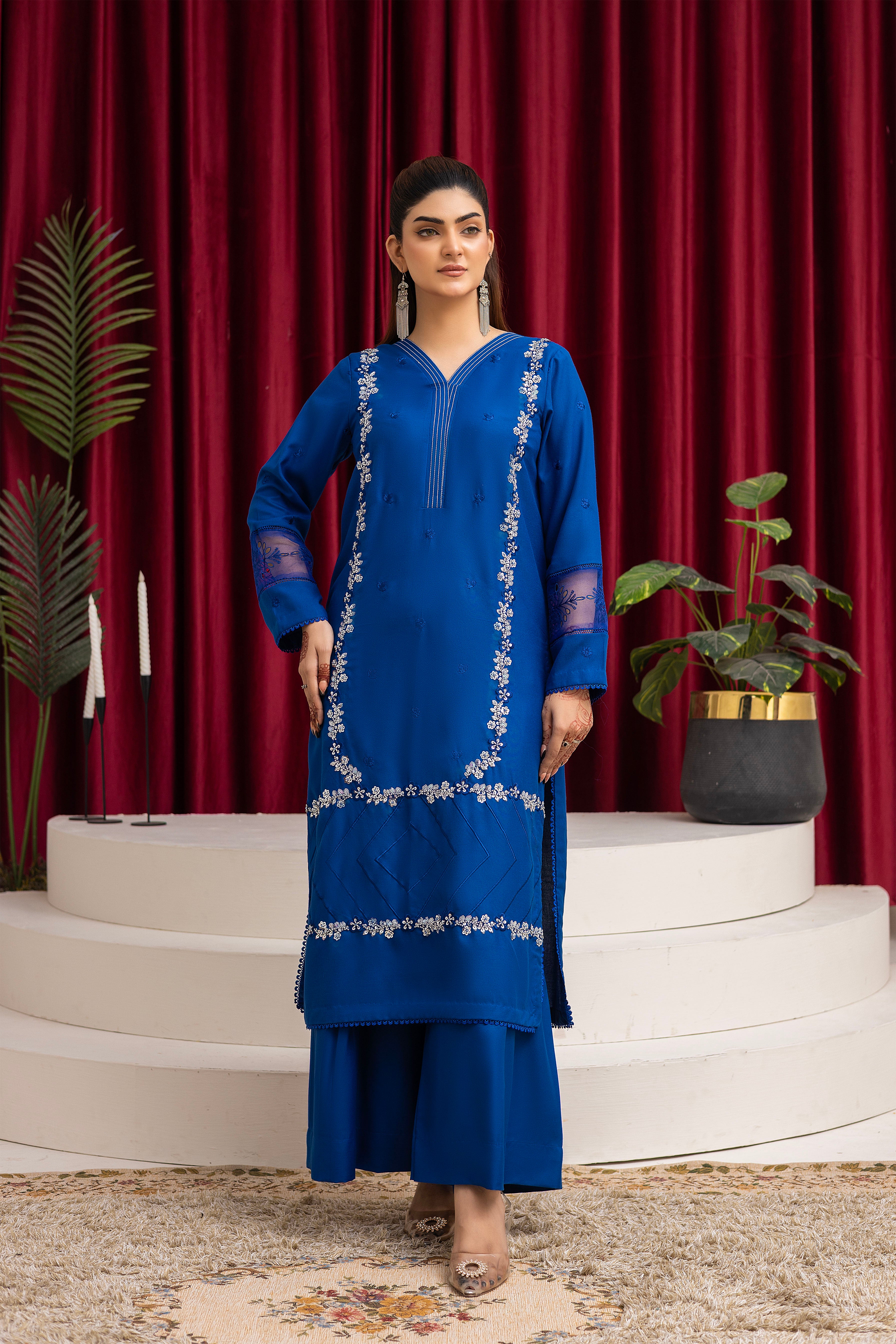 2286-Ink Blue Embroidered 2-Piece Dhanak Suit