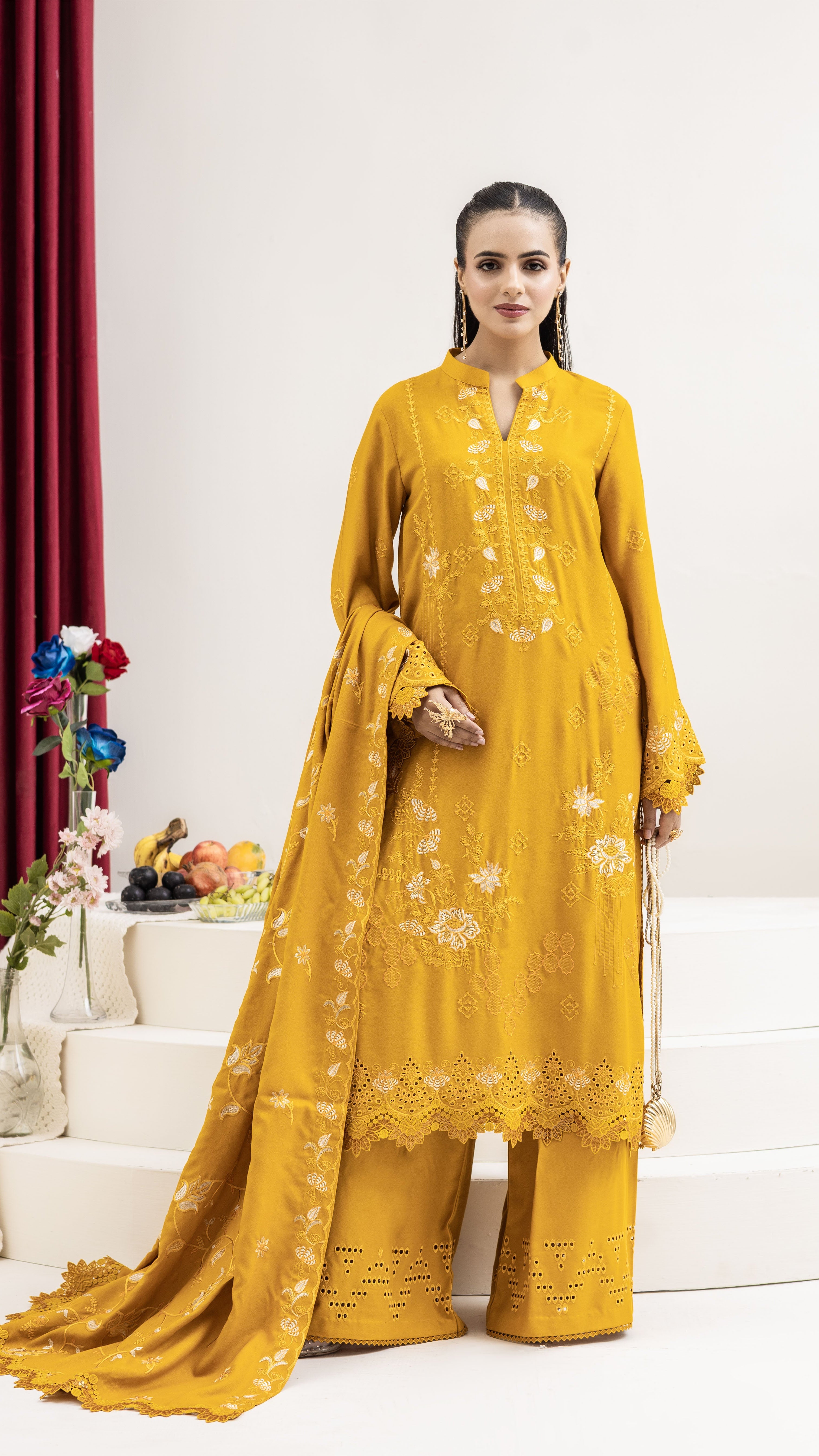 2287-Golden Embroidered 3-Piece Dhanak Suit