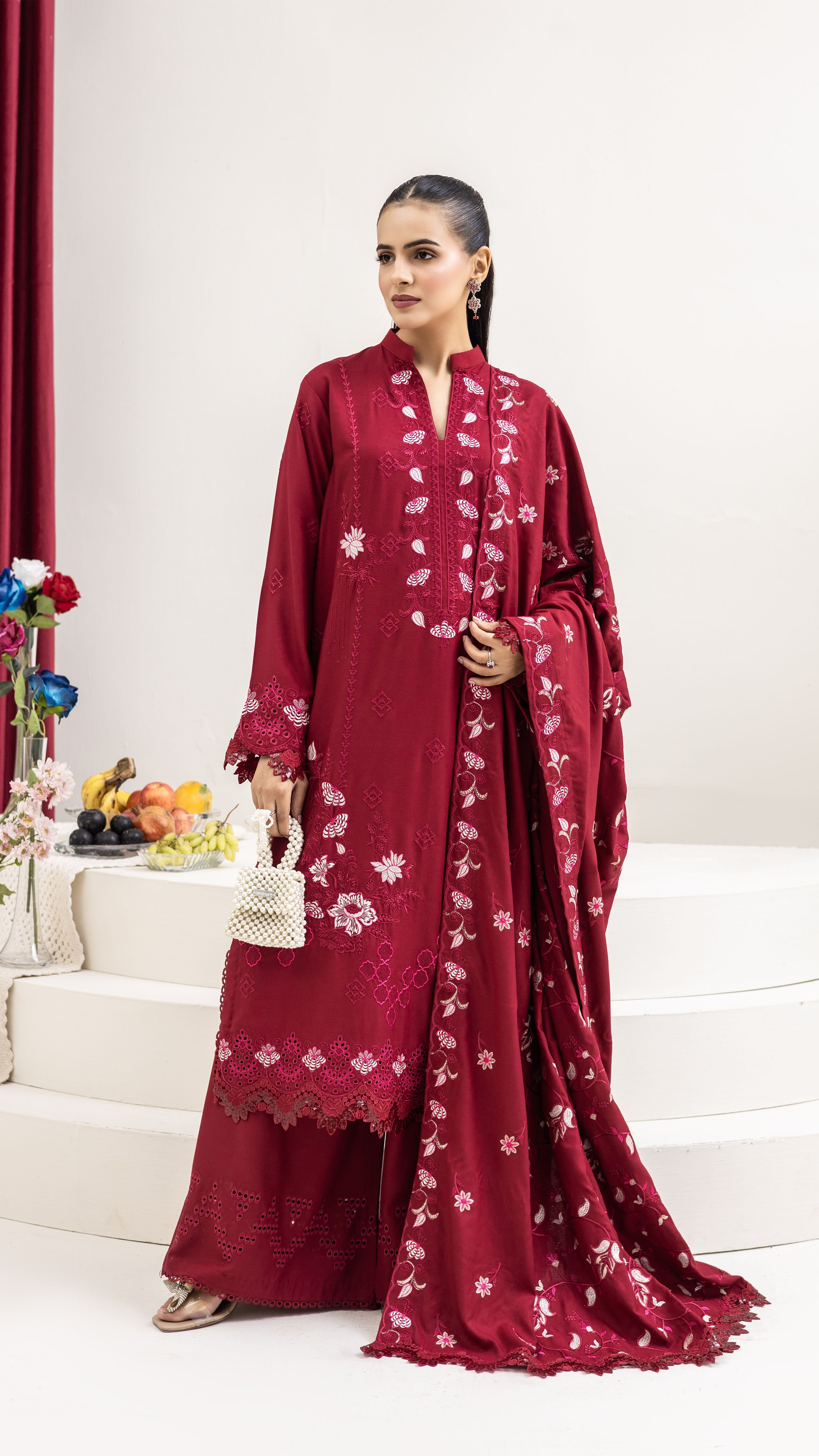 2287-Hot Pink Embroidered 3-Piece Dhanak Suit