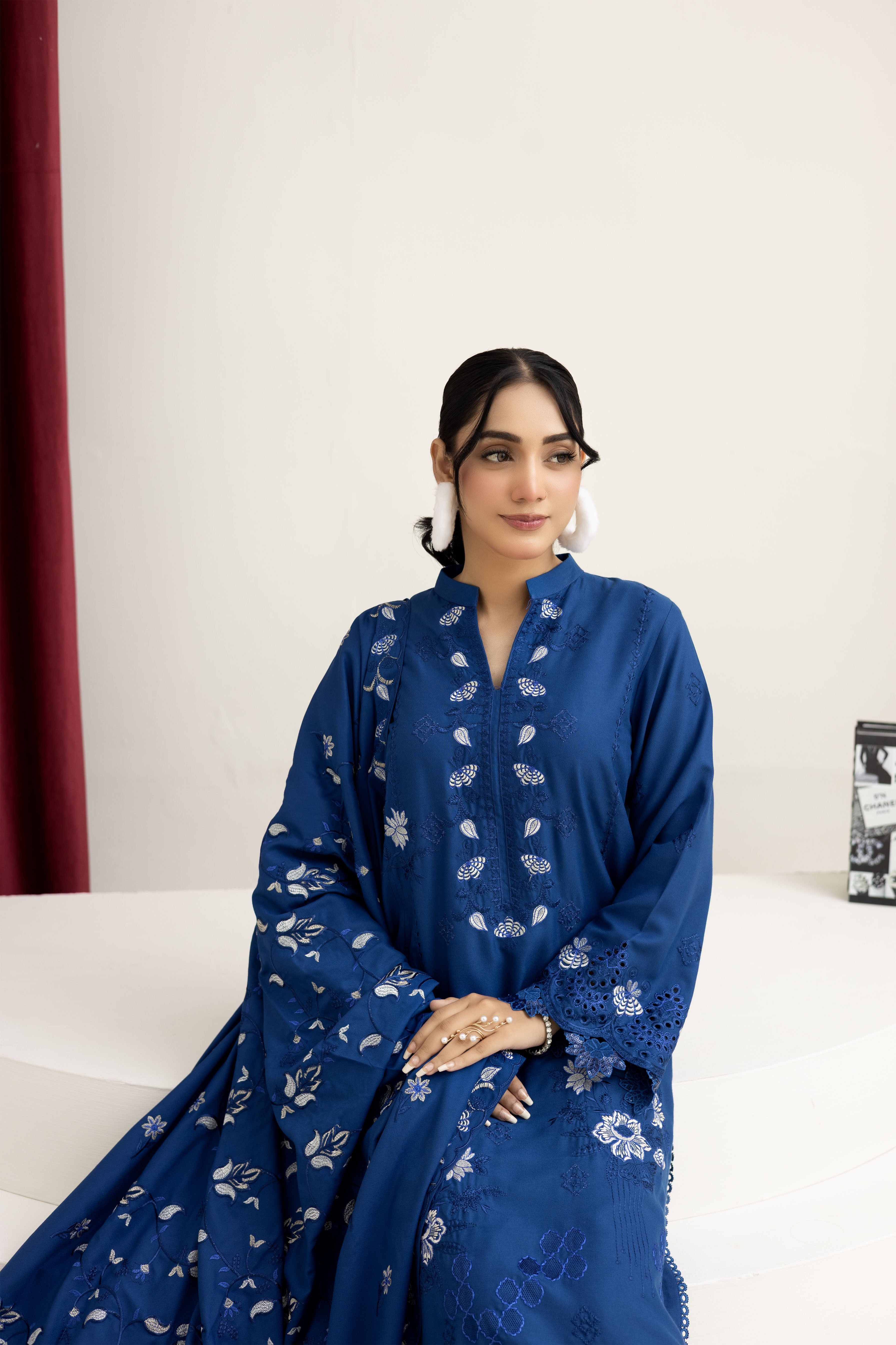 2287-Ink Blue Embroidered 3-Piece Dhanak Suit
