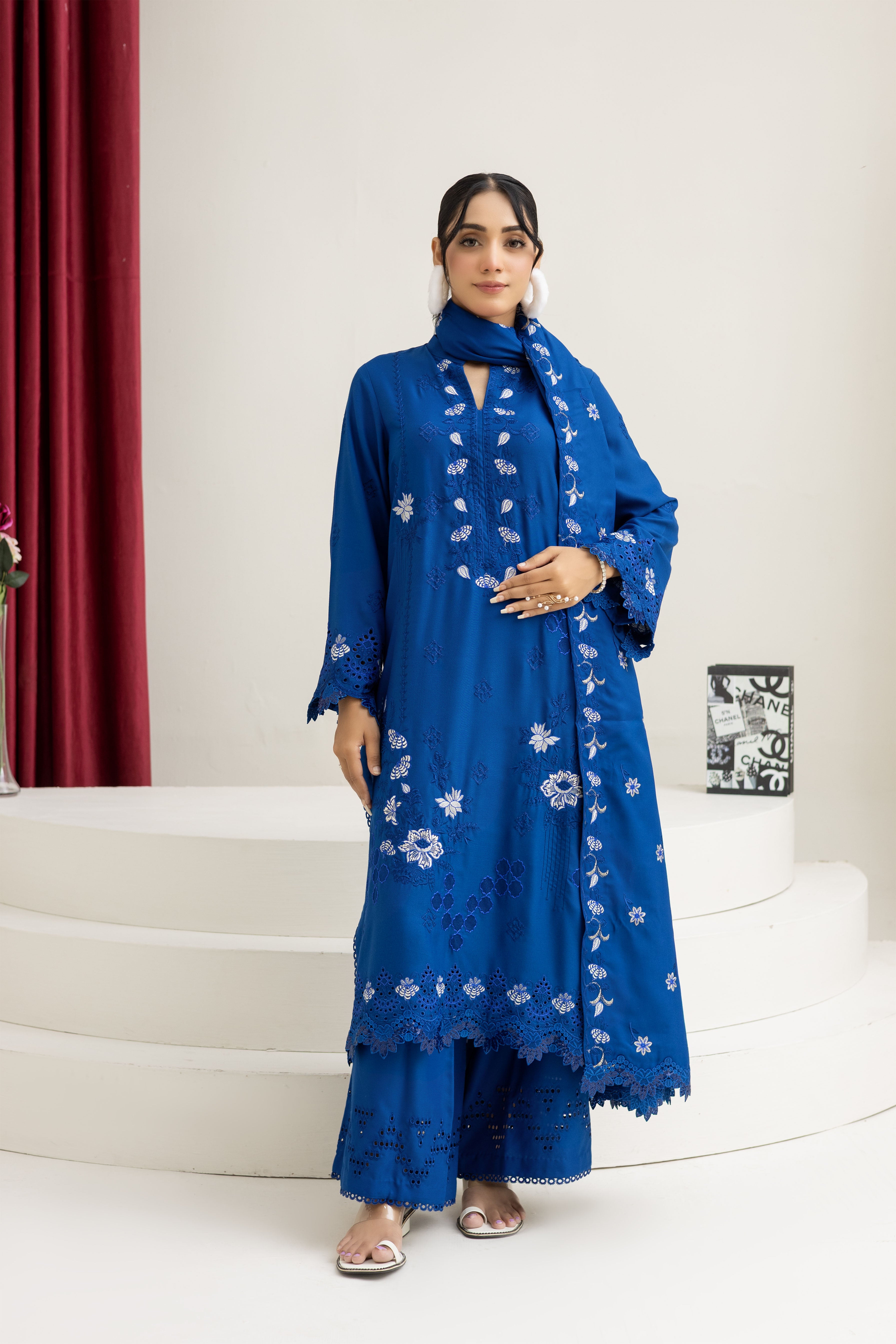 2287-Ink Blue Embroidered 3-Piece Dhanak Suit