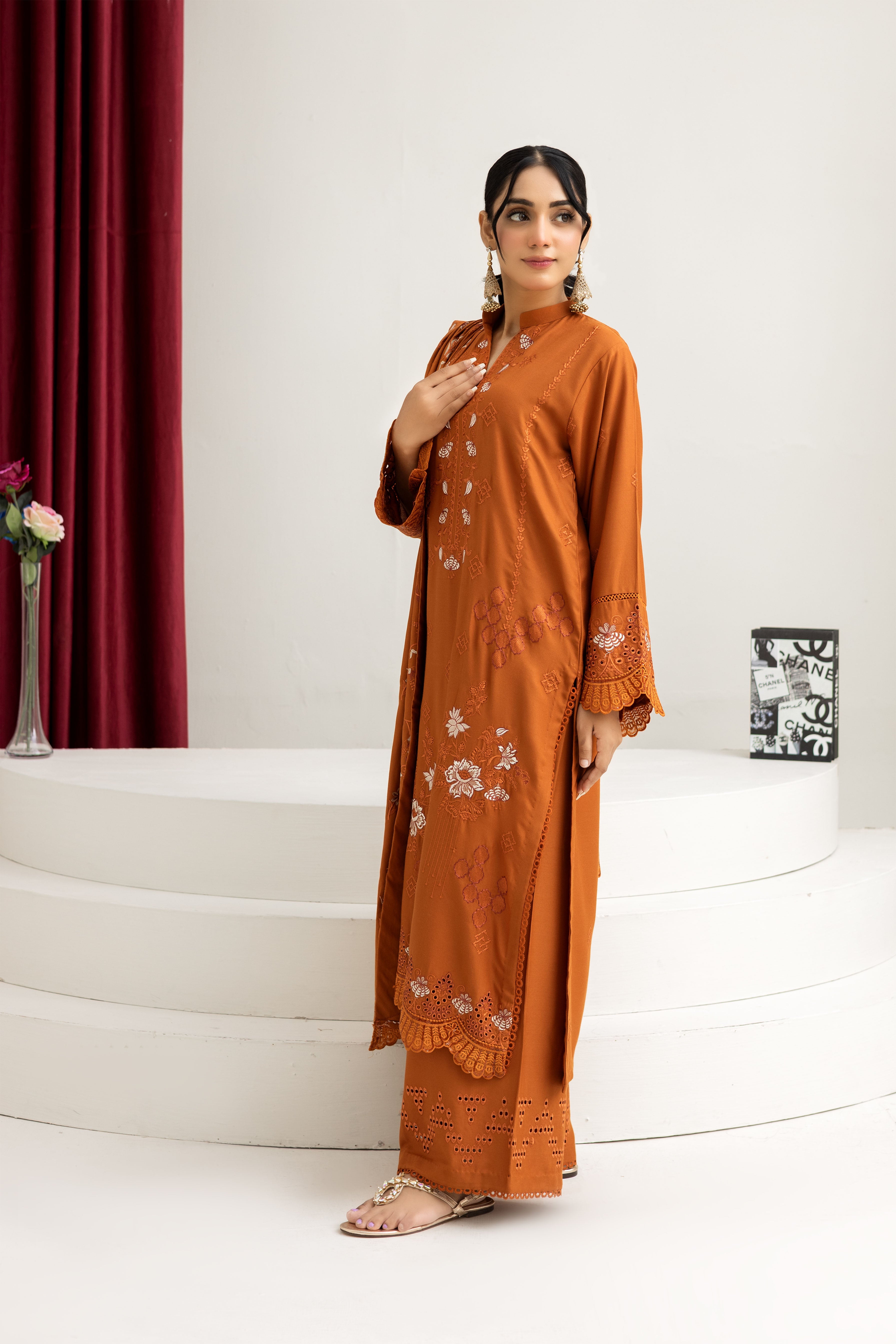 2287-Orange Embroidered 3-Piece Dhanak Suit