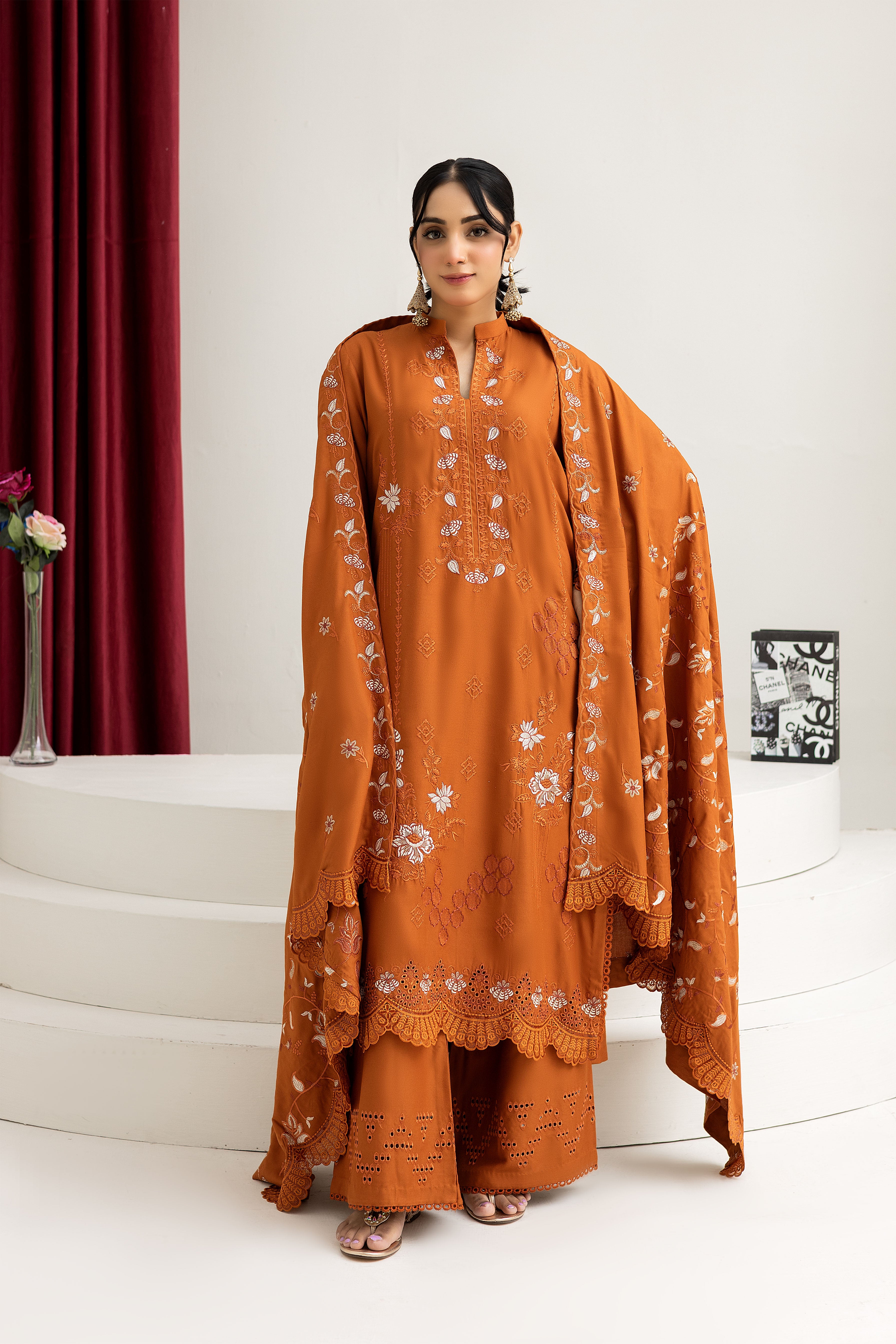 2287-Orange Embroidered 3-Piece Dhanak Suit