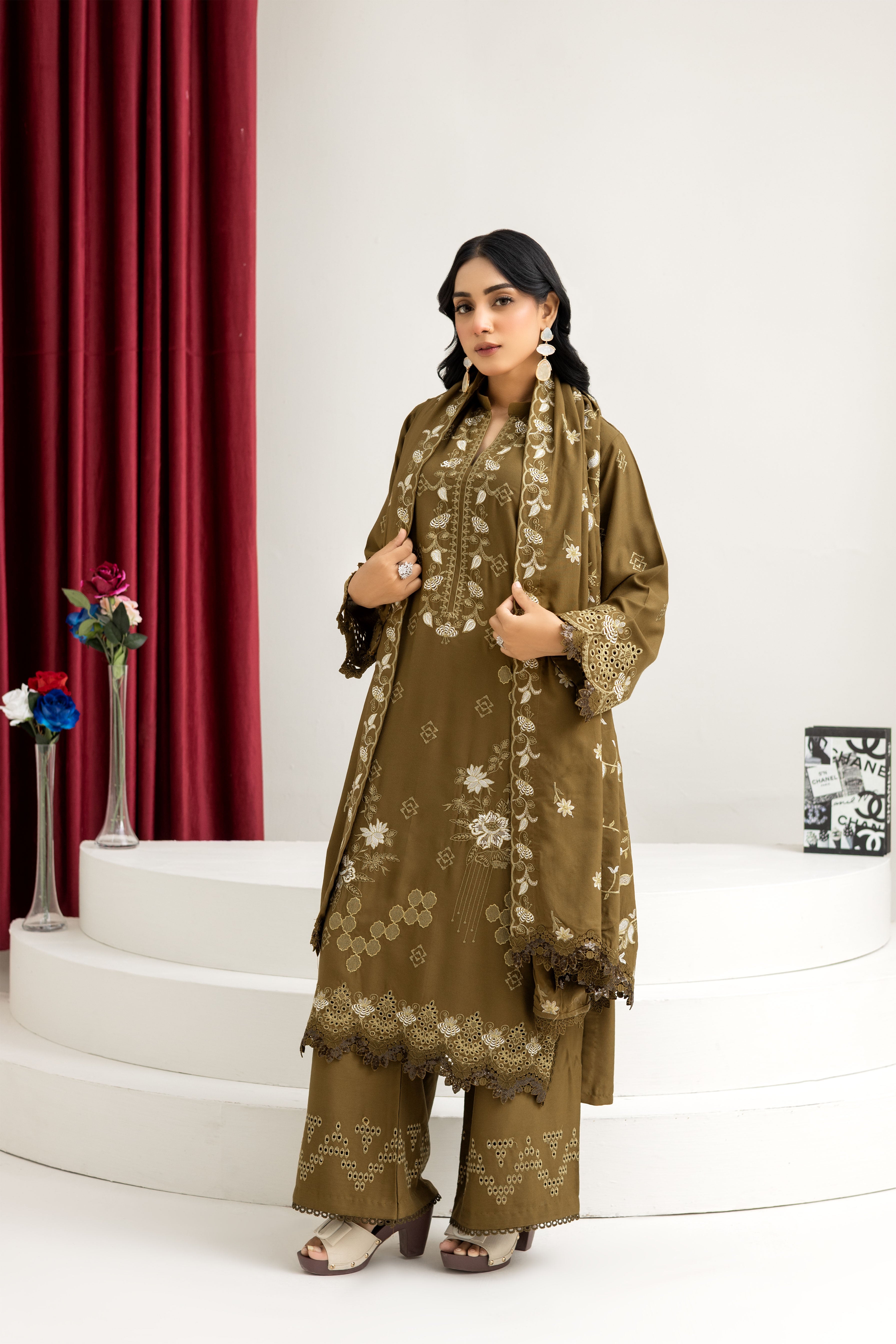 2287-Tobacoo Embroidered 3-Piece Dhanak Suit