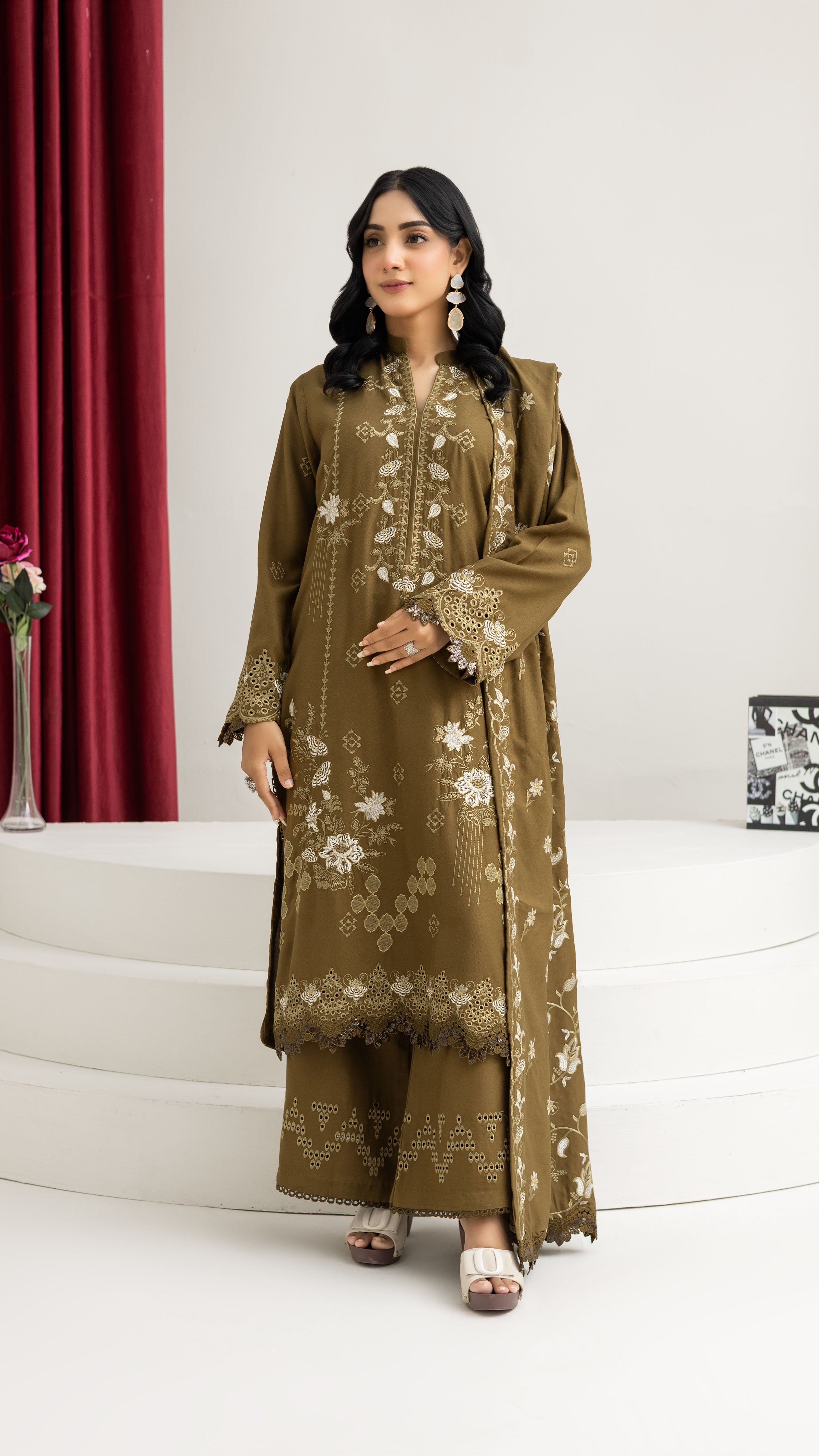 2287-Tobacoo Embroidered 3-Piece Dhanak Suit