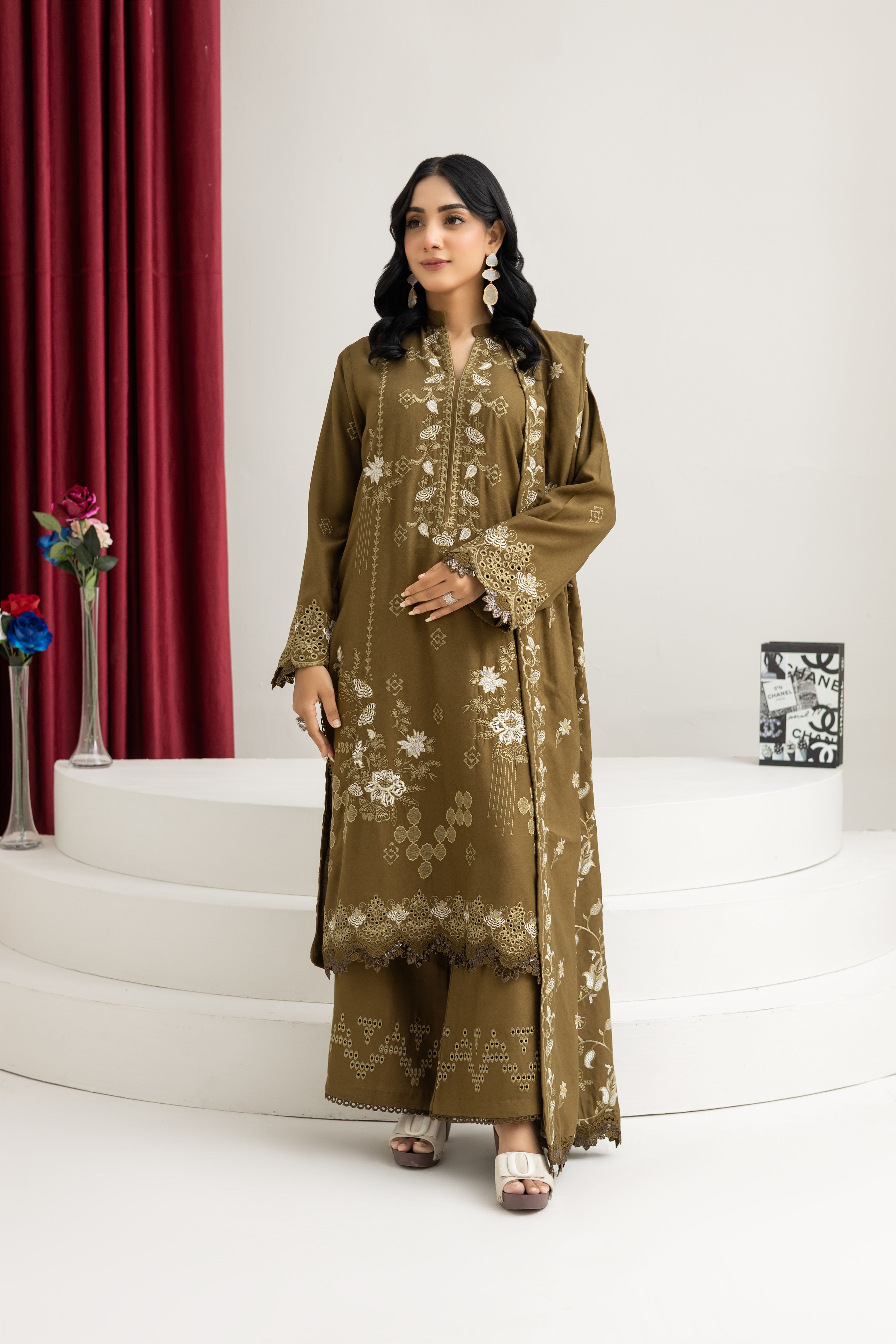 2287-Tobacoo Embroidered 3-Piece Dhanak Suit