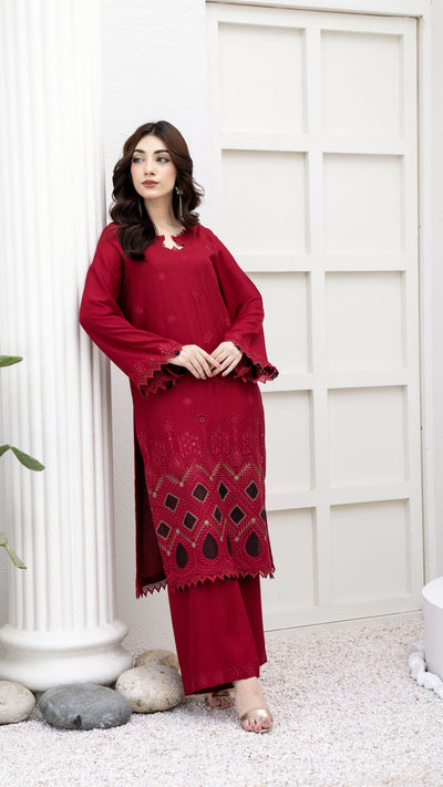 2289 2-Piece Red Embroidered Dhanak Suit