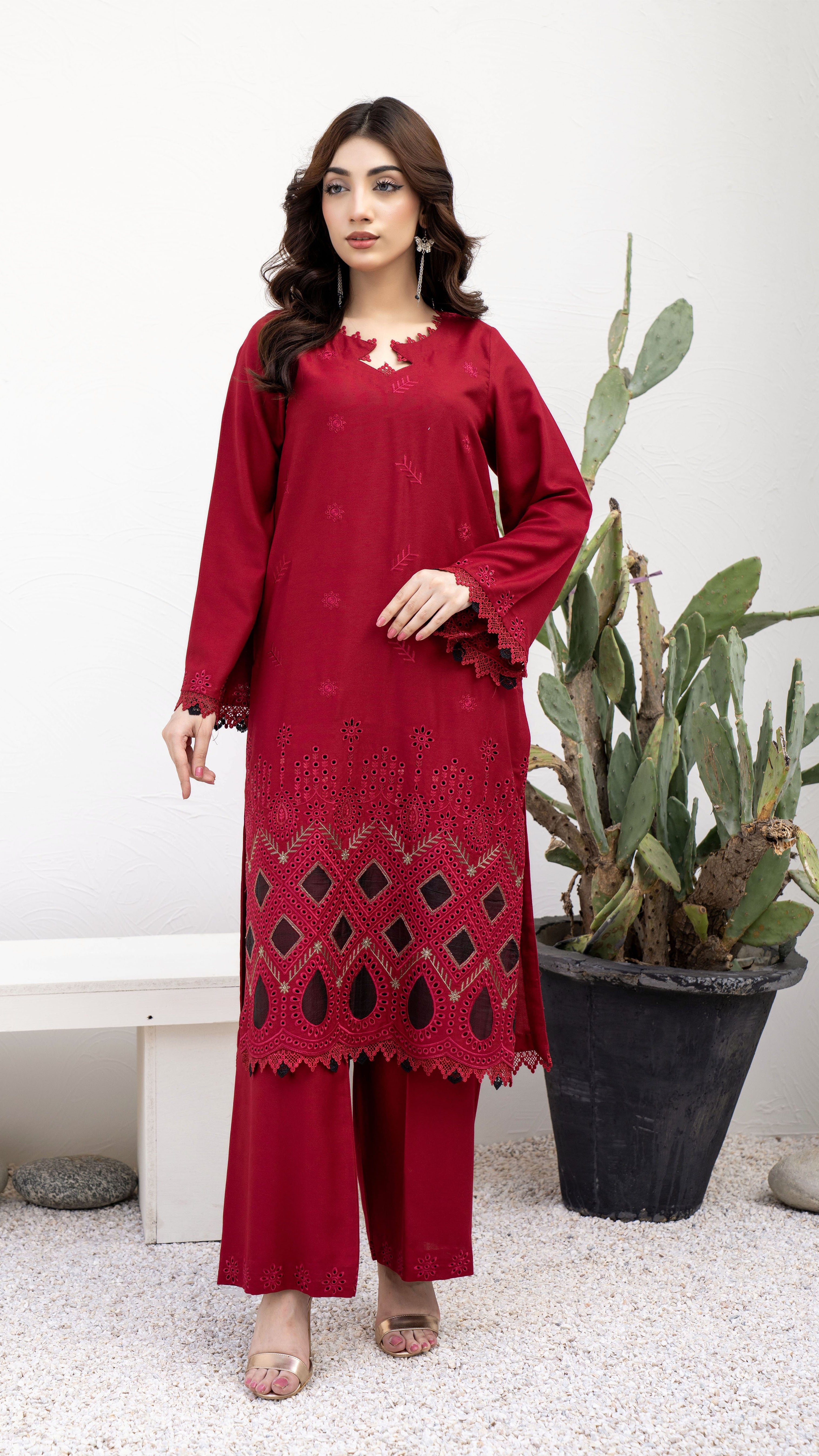2289 2-Piece Red Embroidered Dhanak Suit