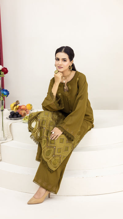 2289 2-Piece Tobacoo Embroidered Dhanak Suit