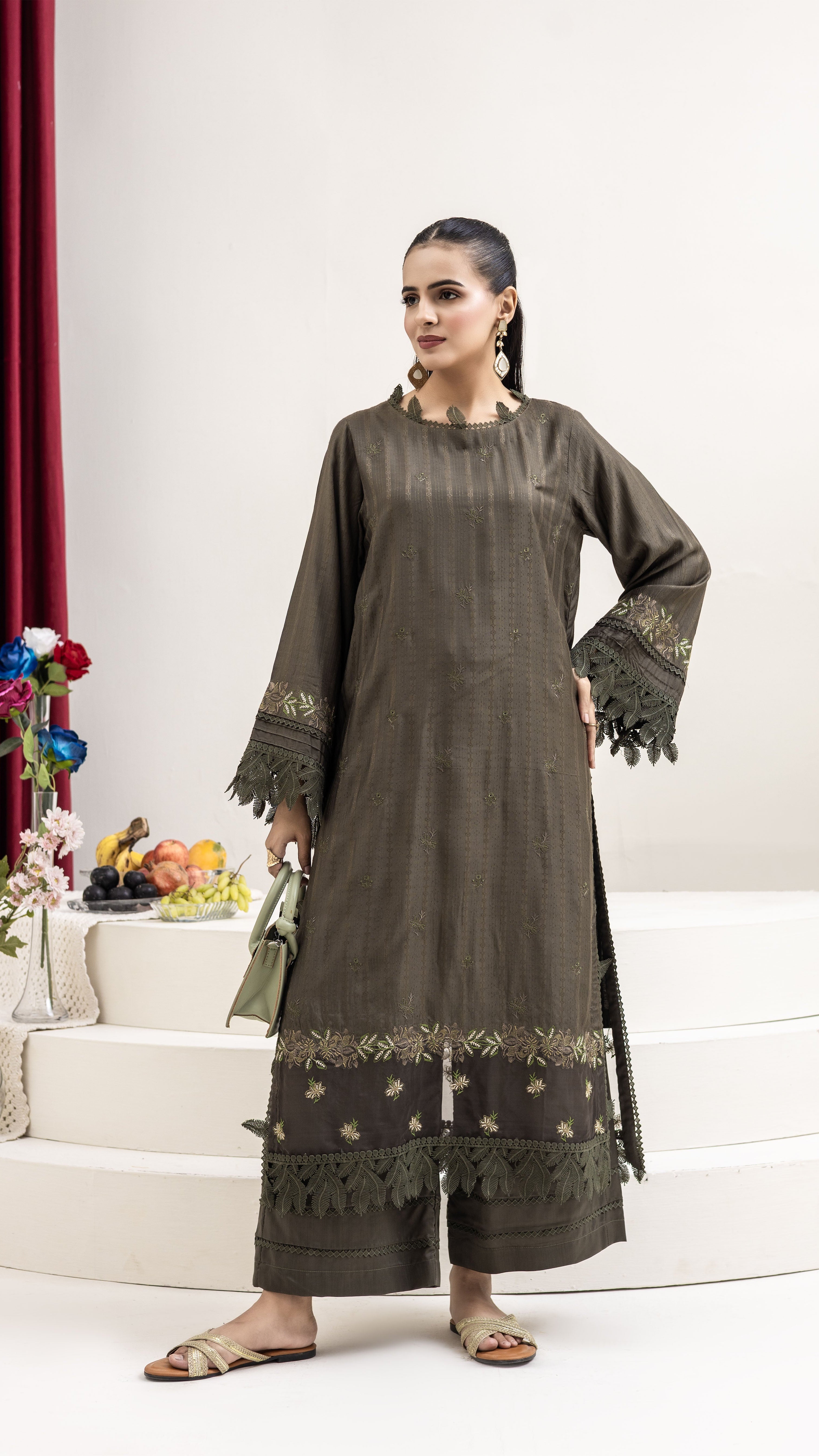 2290-2-Piece Mehndi Embroidered Viscose Suit