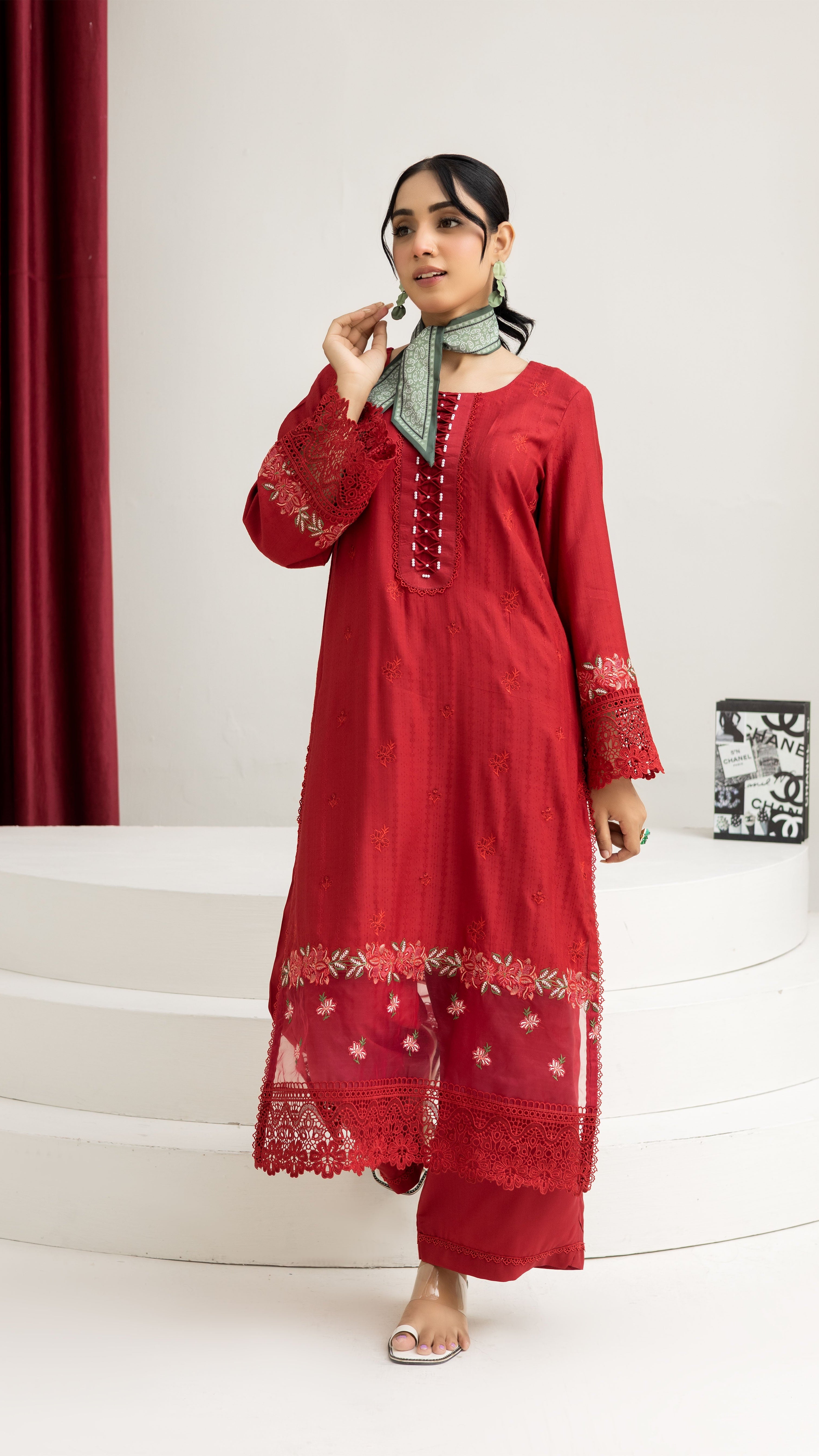 2290-2-Piece Red Embroidered Viscose Suit