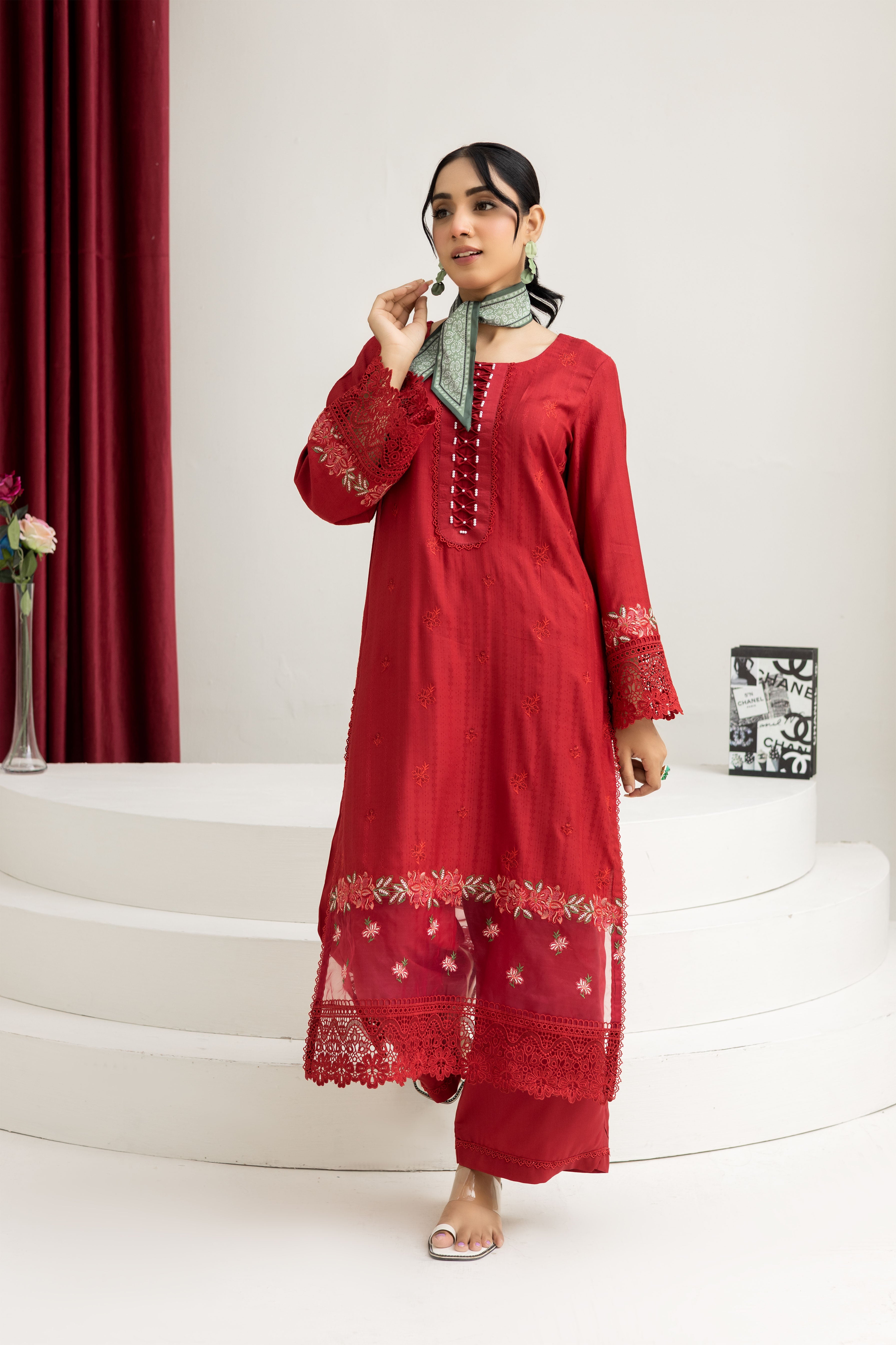 2290-2-Piece Red Embroidered Viscose Suit