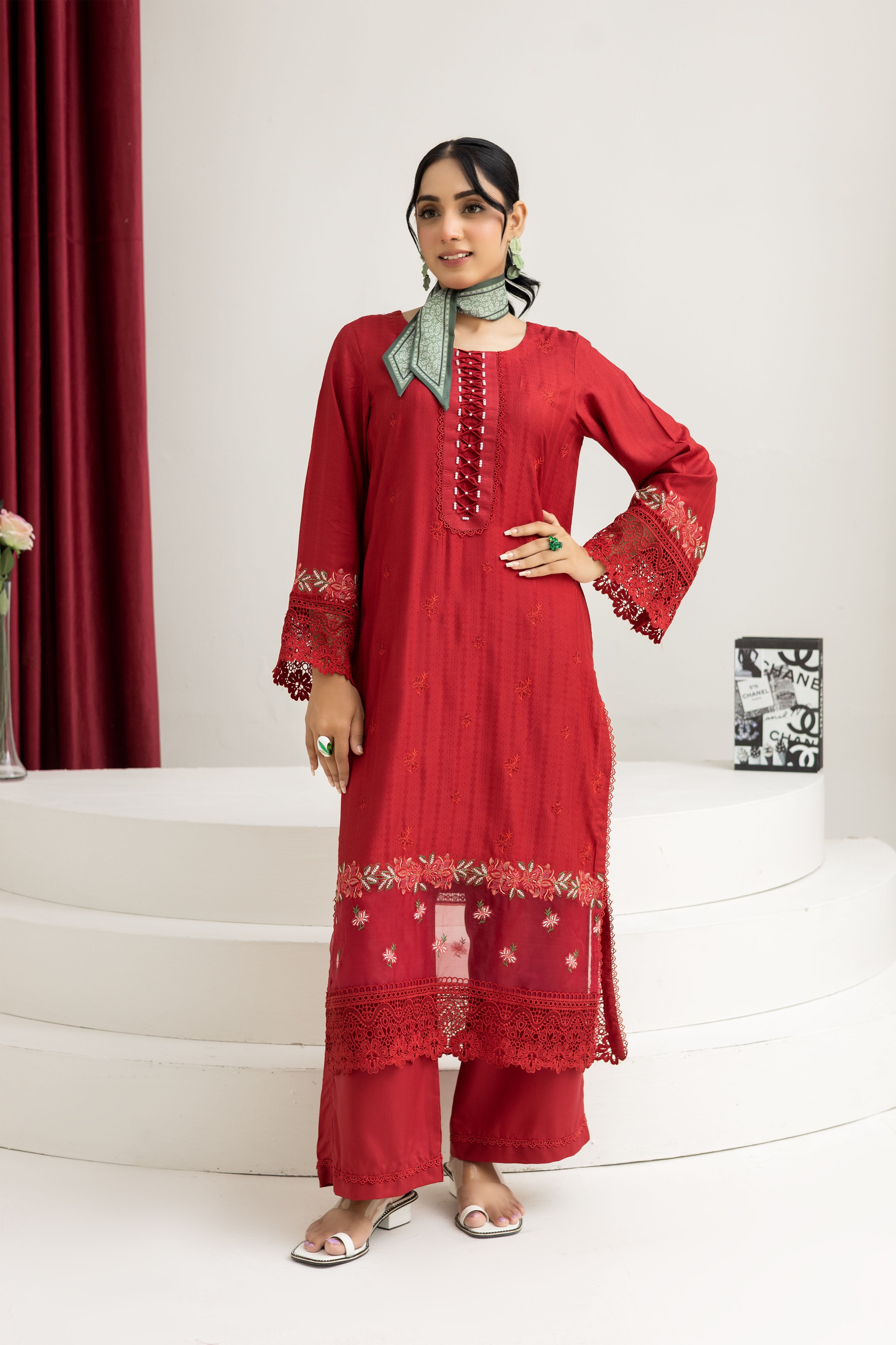 2290-2-Piece Red Embroidered Viscose Suit