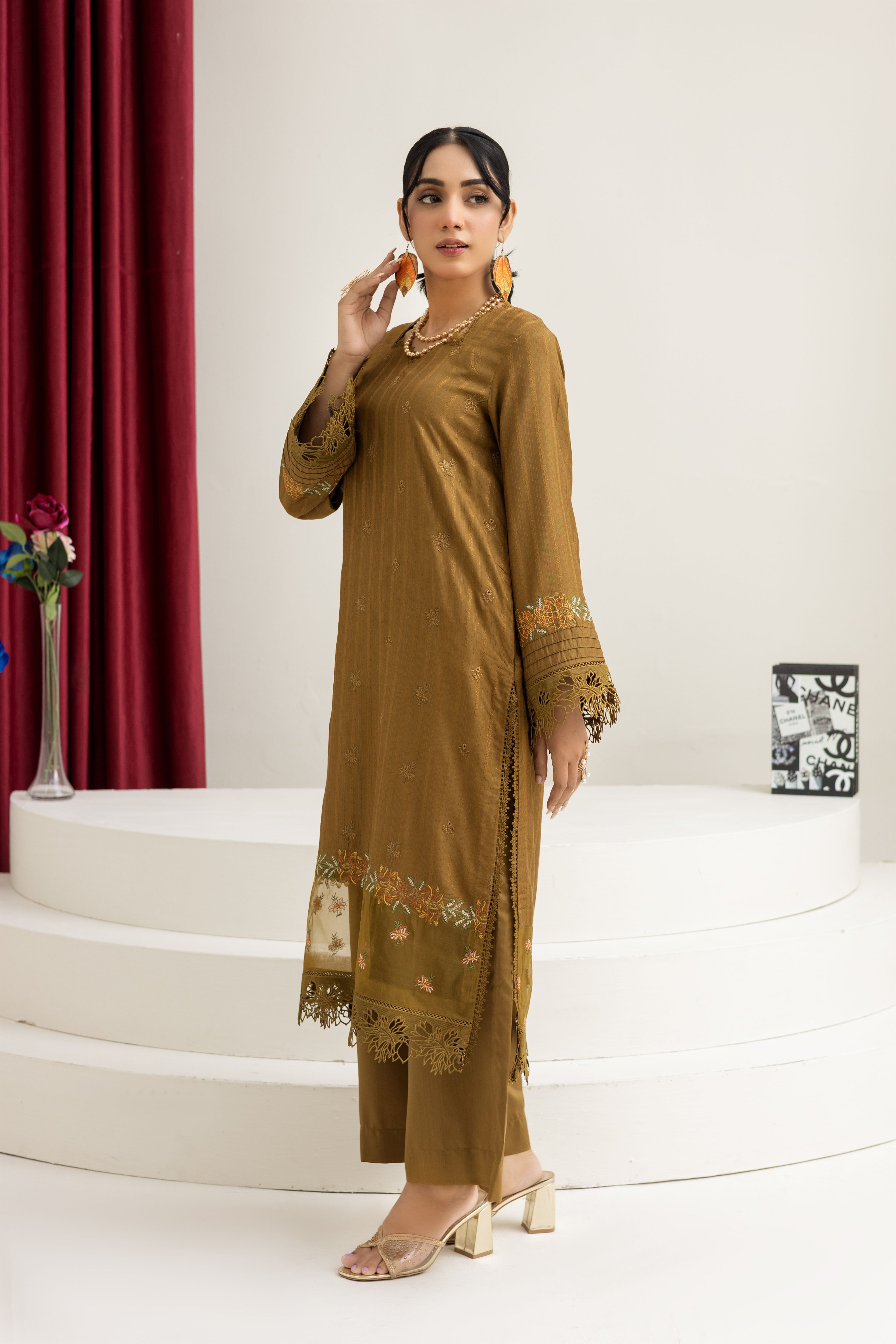 2290-2-Piece Tobacoo Embroidered Viscose Suit
