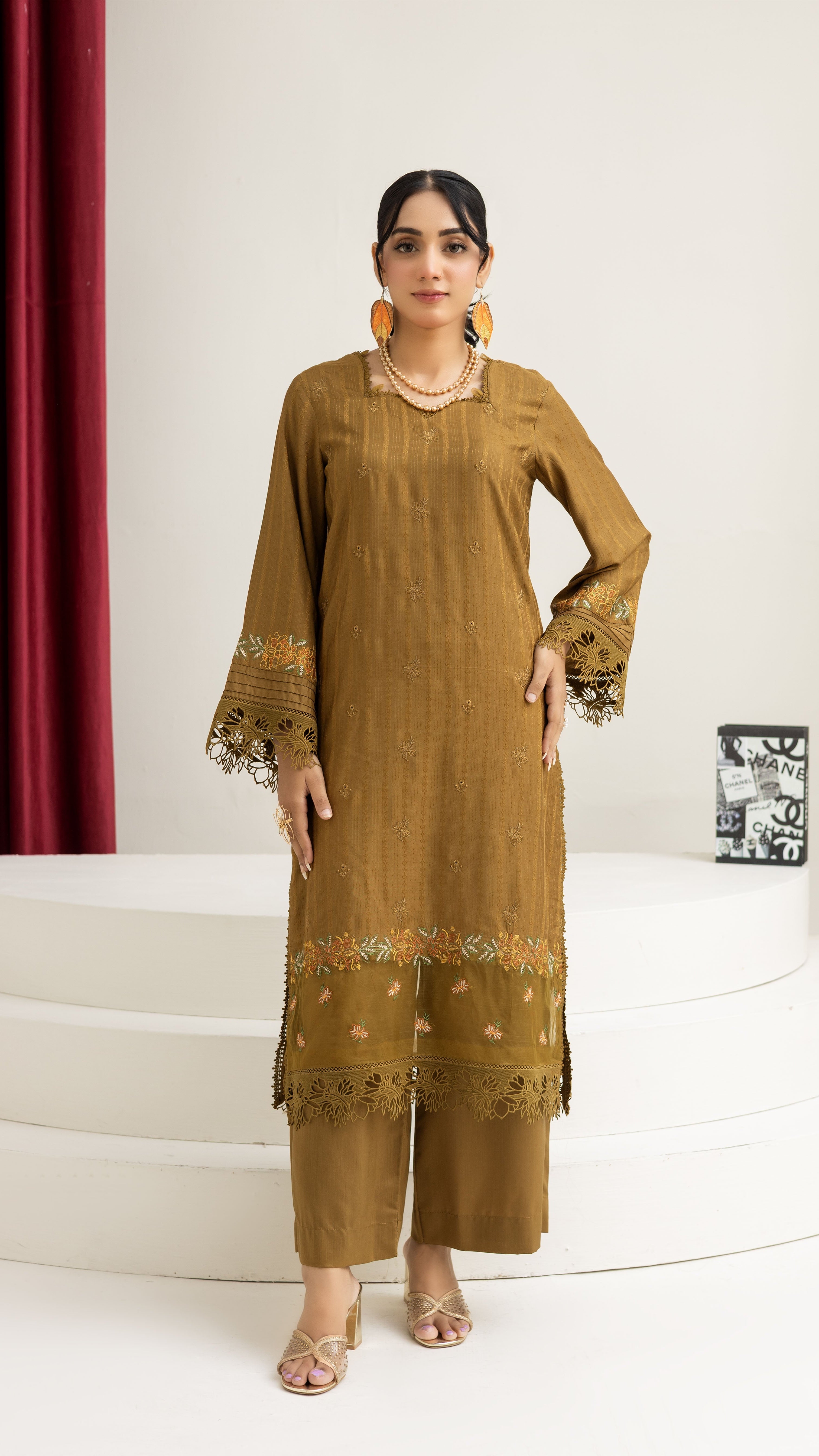 2290-2-Piece Tobacoo Embroidered Viscose Suit
