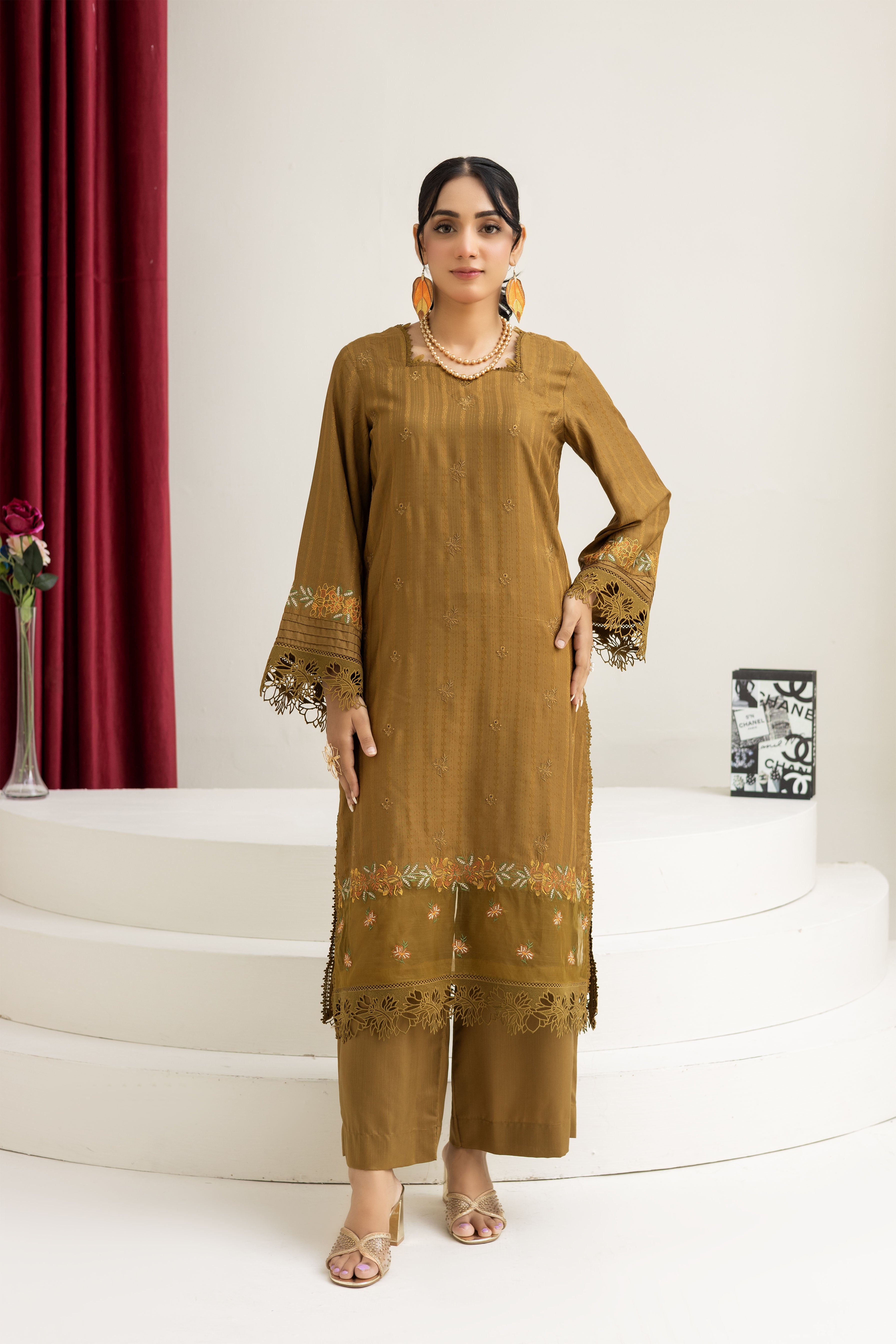 2290-2-Piece Tobacoo Embroidered Viscose Suit