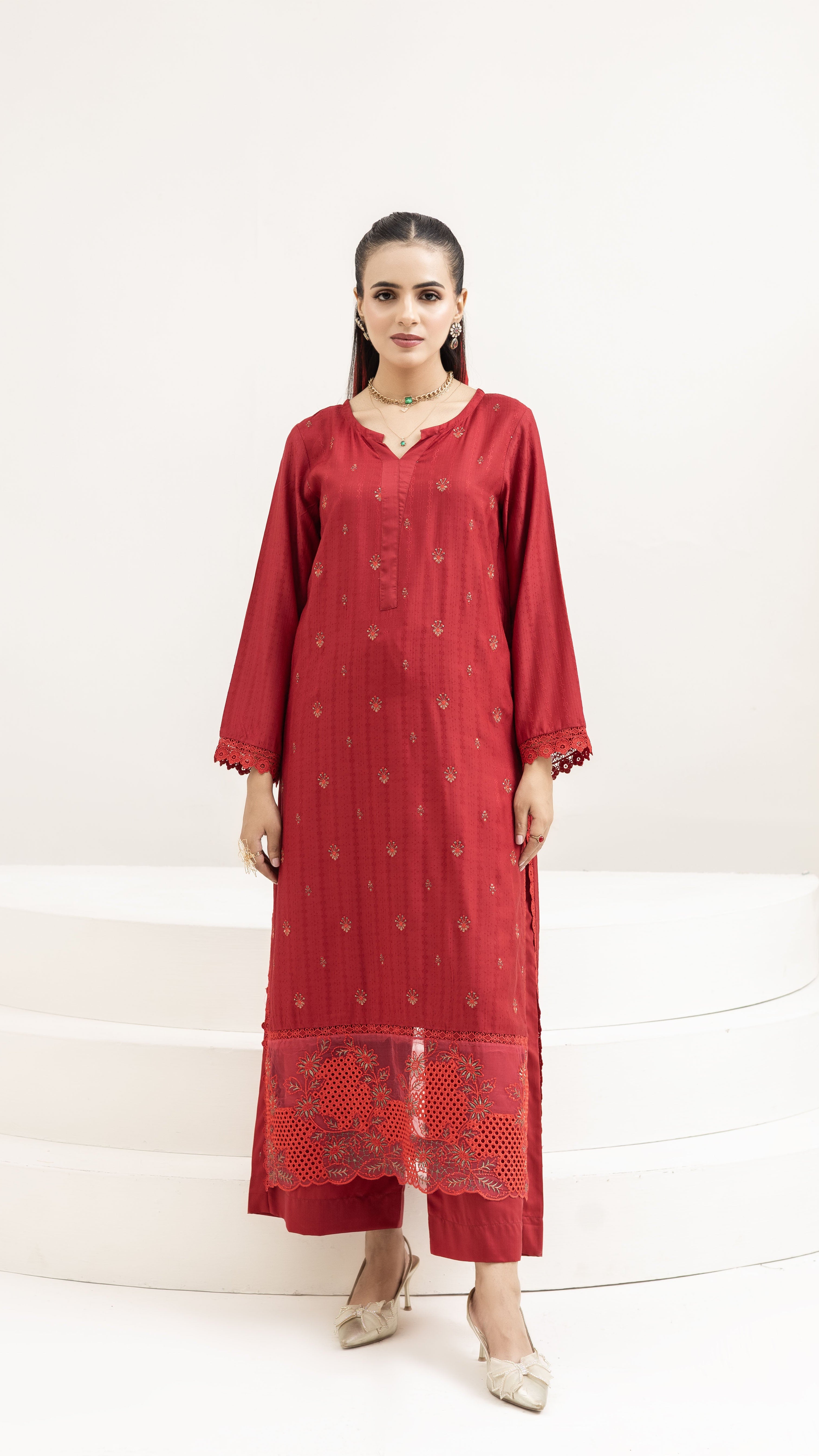 2291 -2-Piece Red Embroidered Viscose Suit