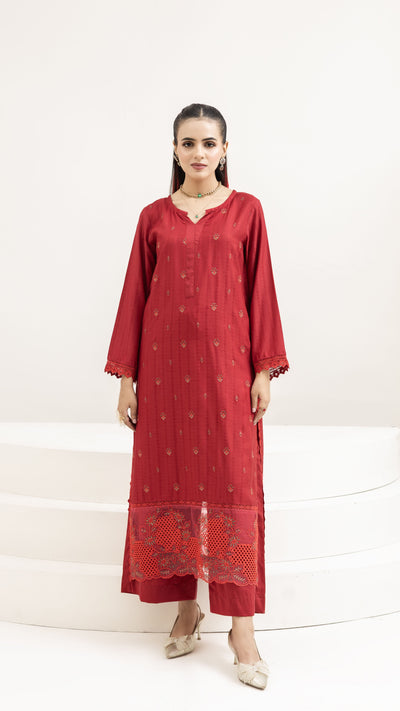 2291 -2-Piece Red Embroidered Viscose Suit