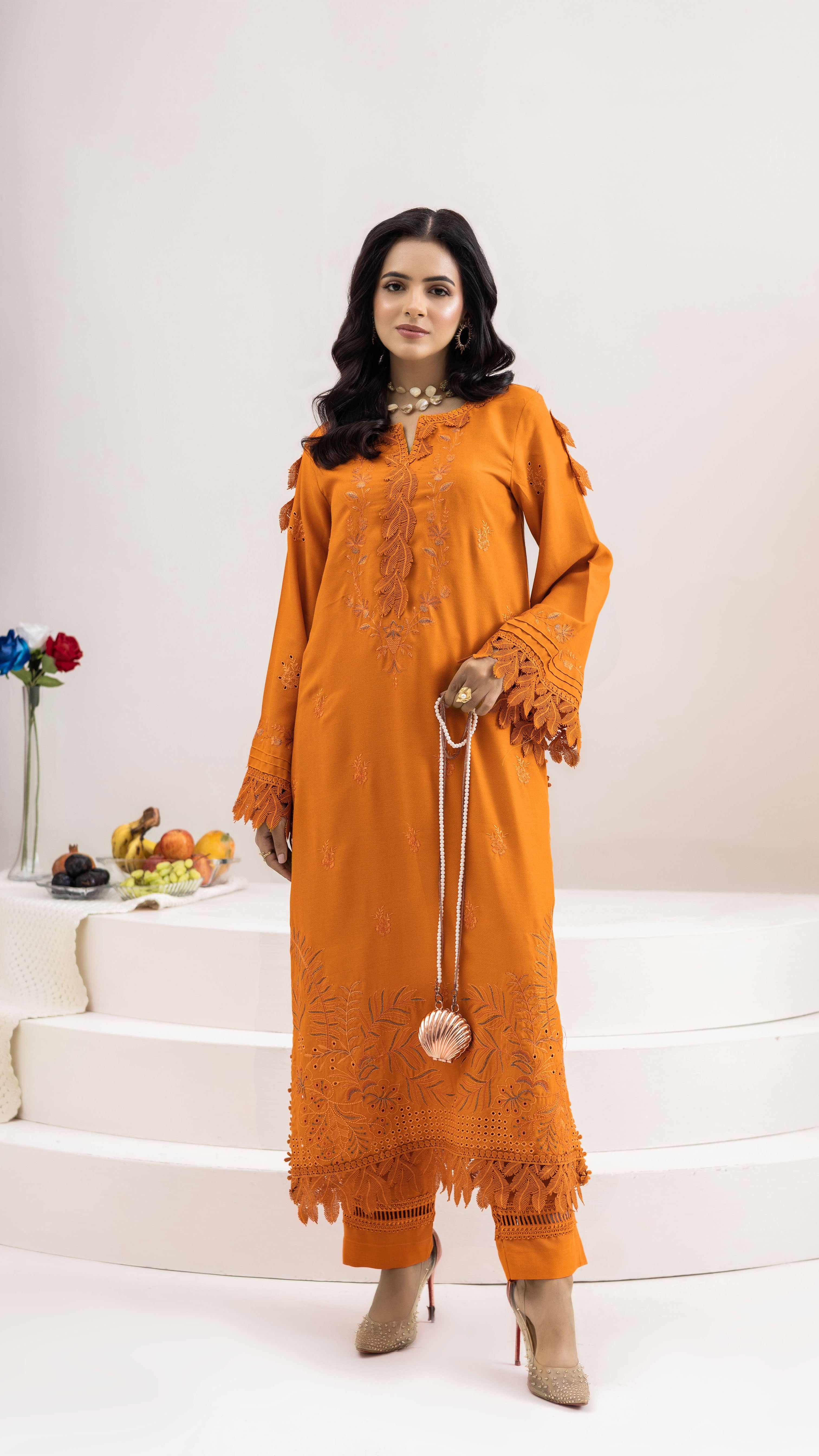 2292-2-Piece Orange Embroidered Dhanak Suit