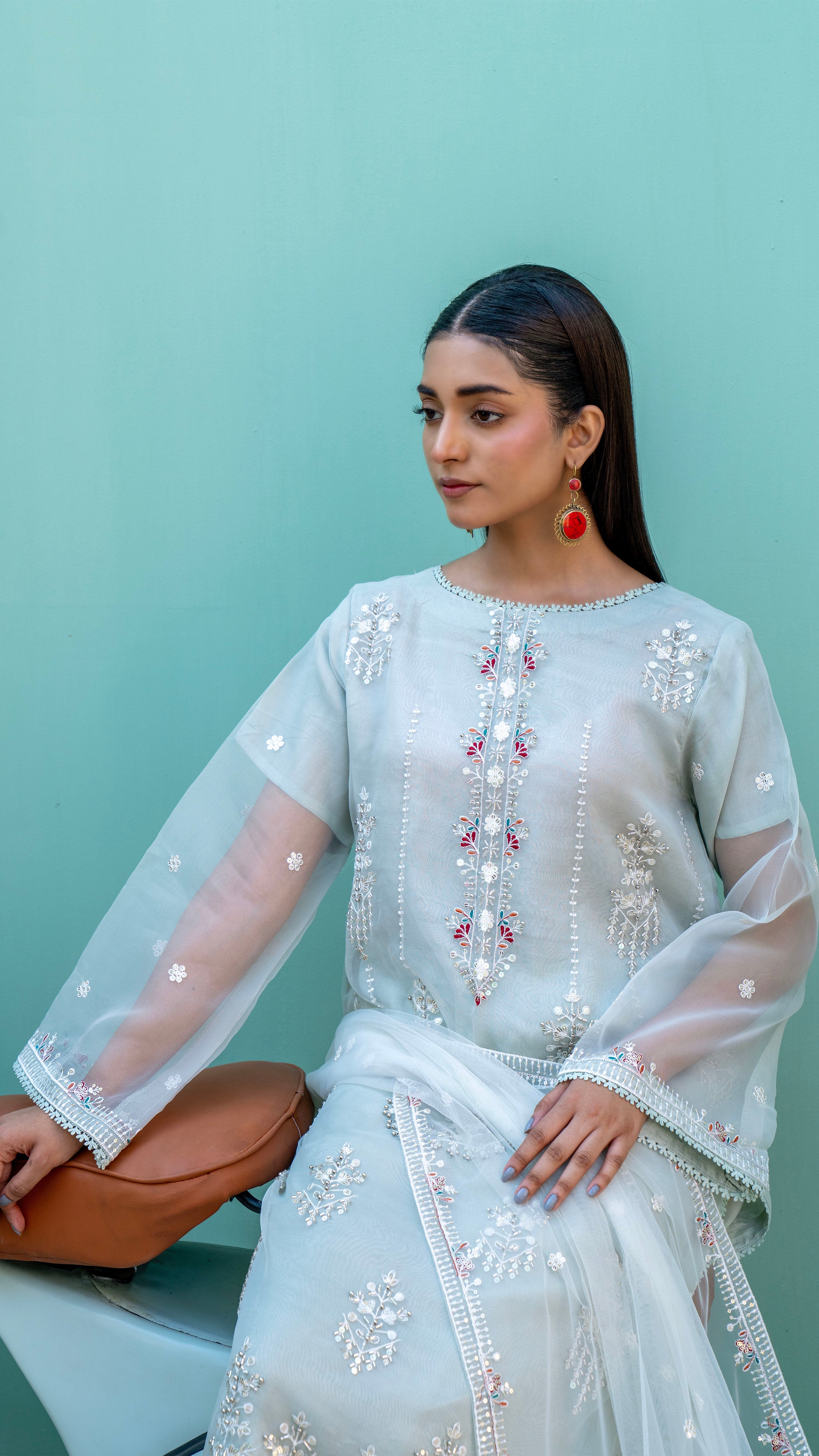 2296-Sea Green 4 Piece Embellished Organza Kurta Set