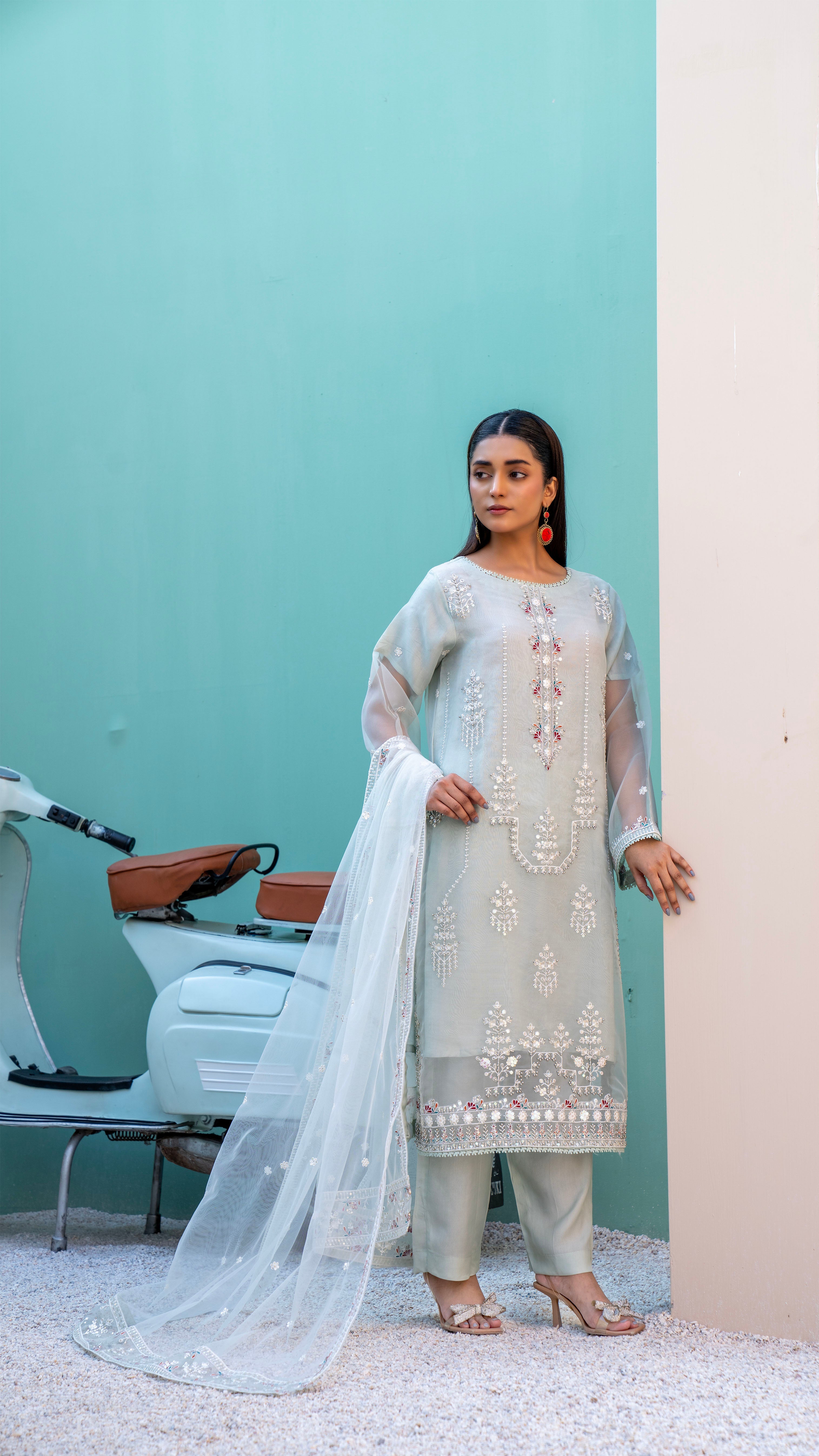 2296-Sea Green 4 Piece Embellished Organza Kurta Set