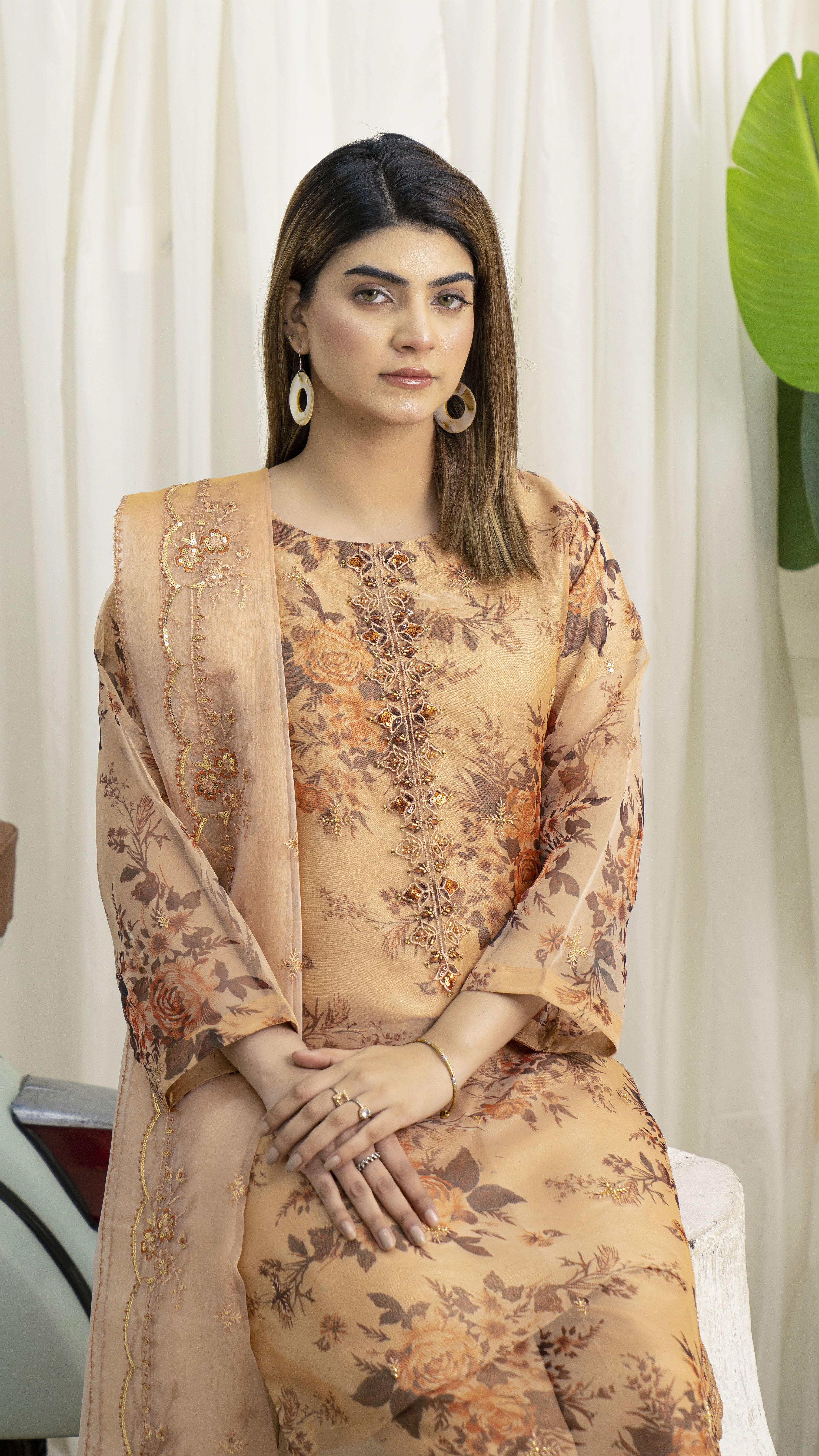2298-Peach 4 Piece Embellished Organza Kurta Set