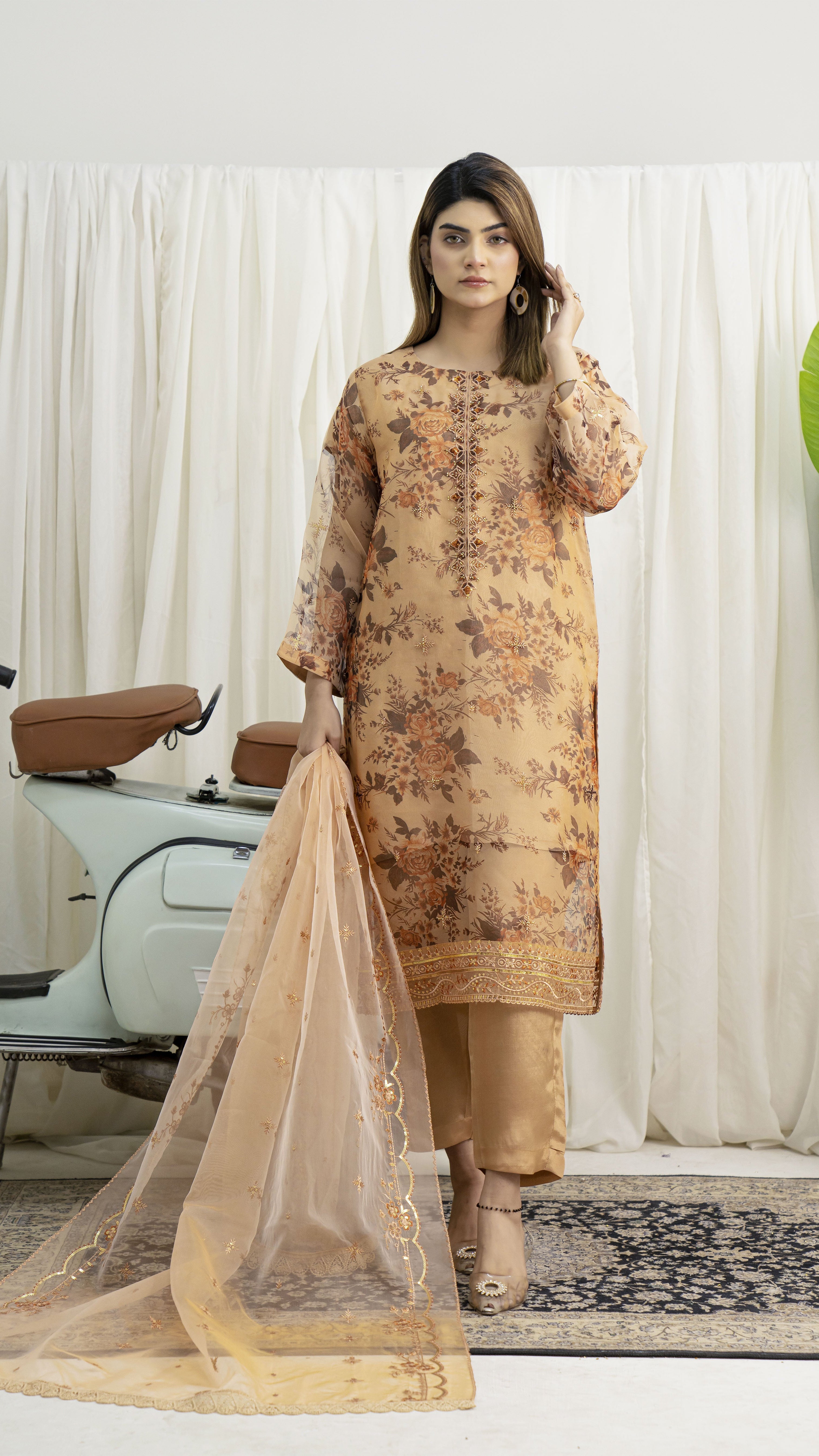 2298-Peach 4 Piece Embellished Organza Kurta Set