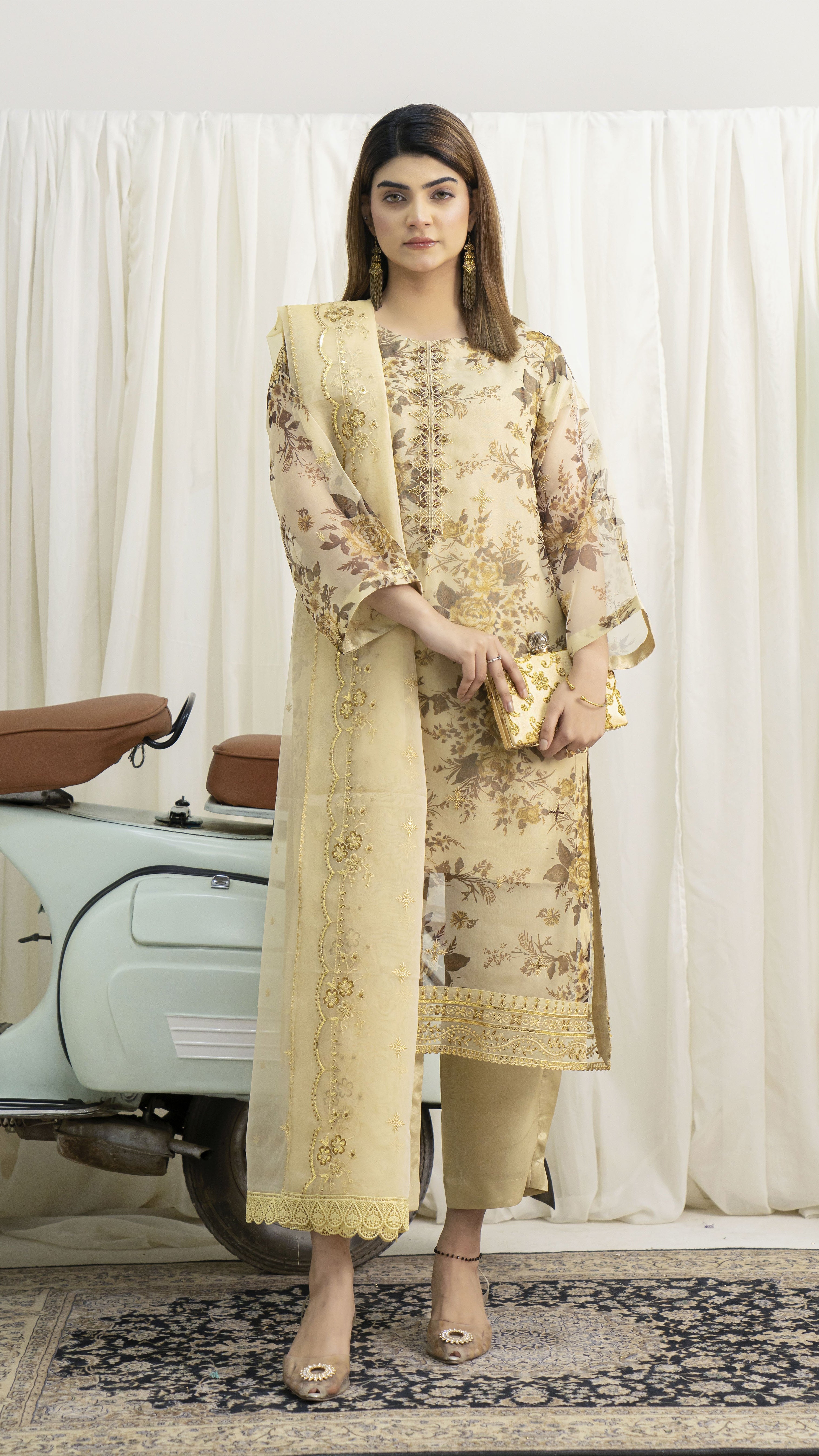 2298-Skin 4 Piece Embellished Organza Kurta Set