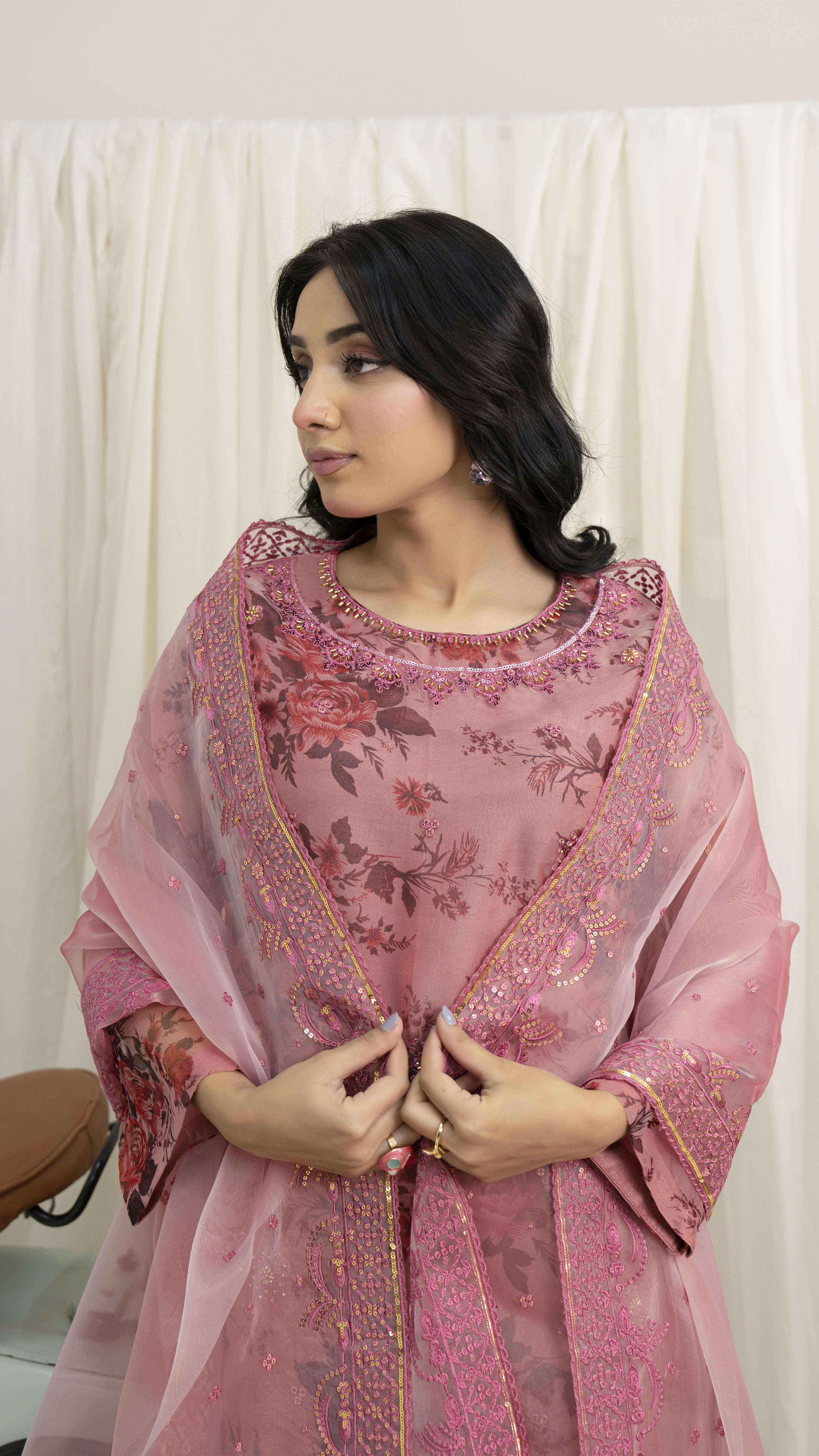 2299- Rose Gold 4 Piece Embellished Organza Kurta Set