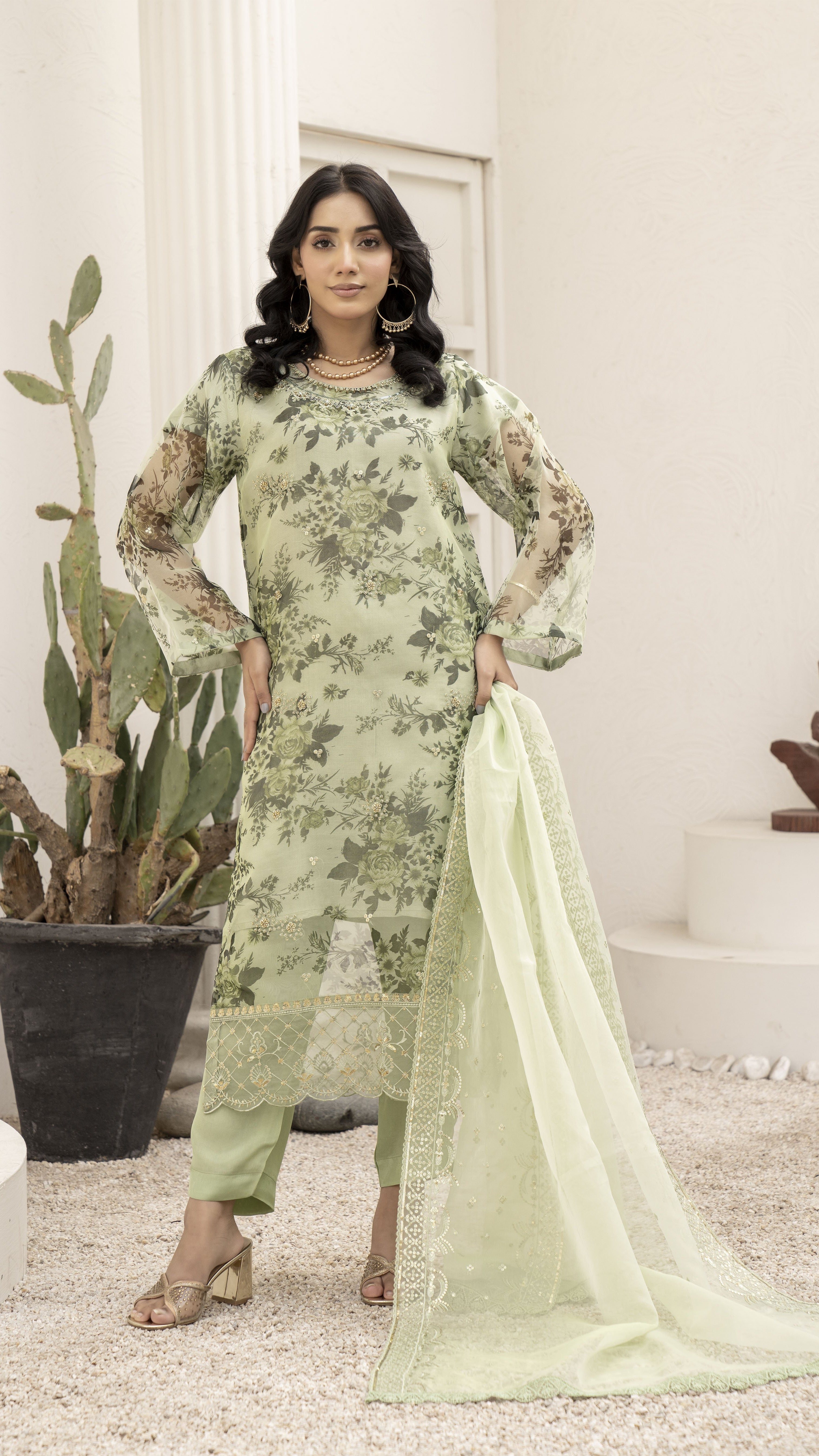 2299- Green 4 Piece Embellished Organza Suit Set