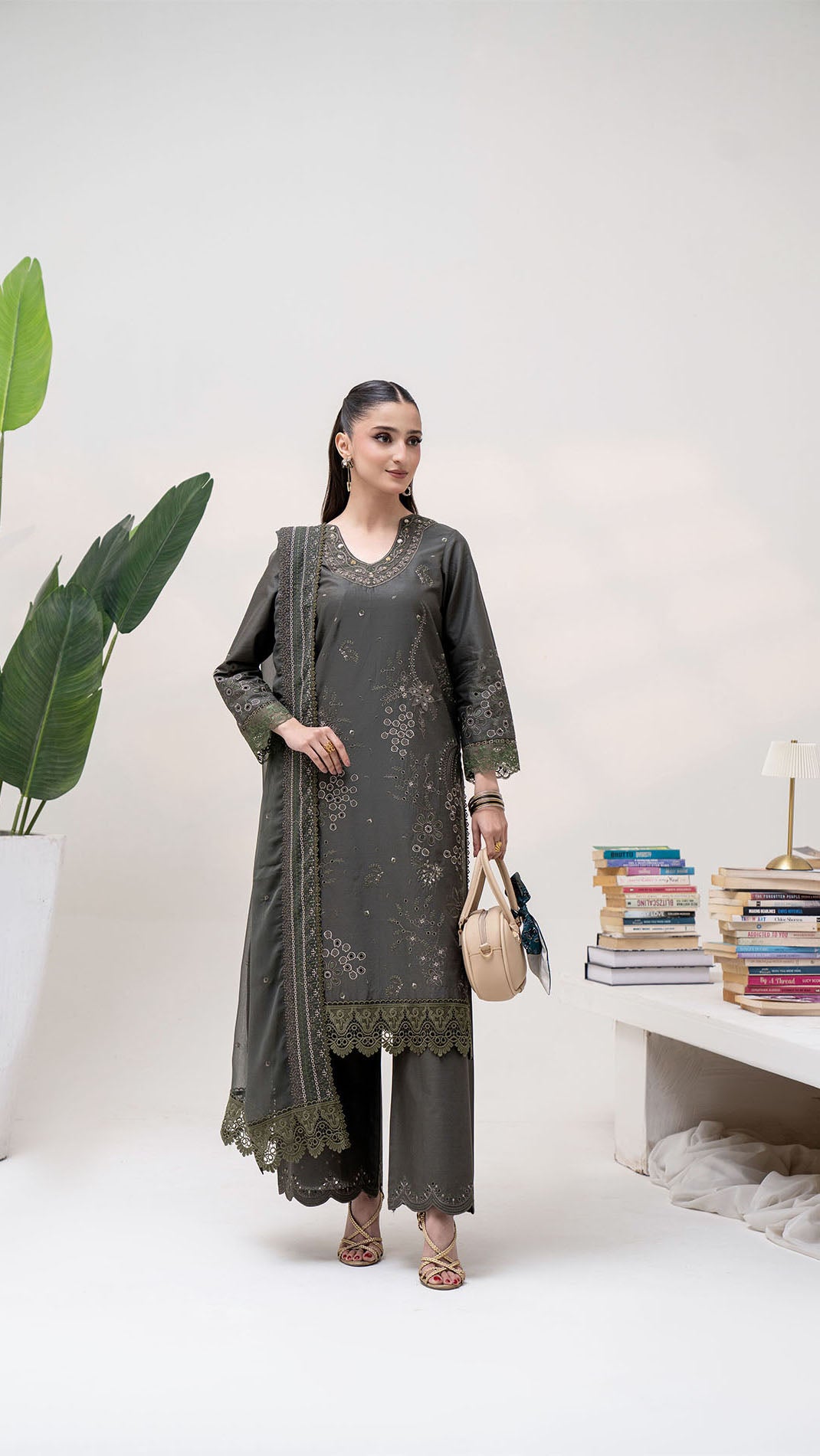 2304 - Mouse  Embroidered 3-Piece Cotton Lawn Suit – Elegant Summer Wear