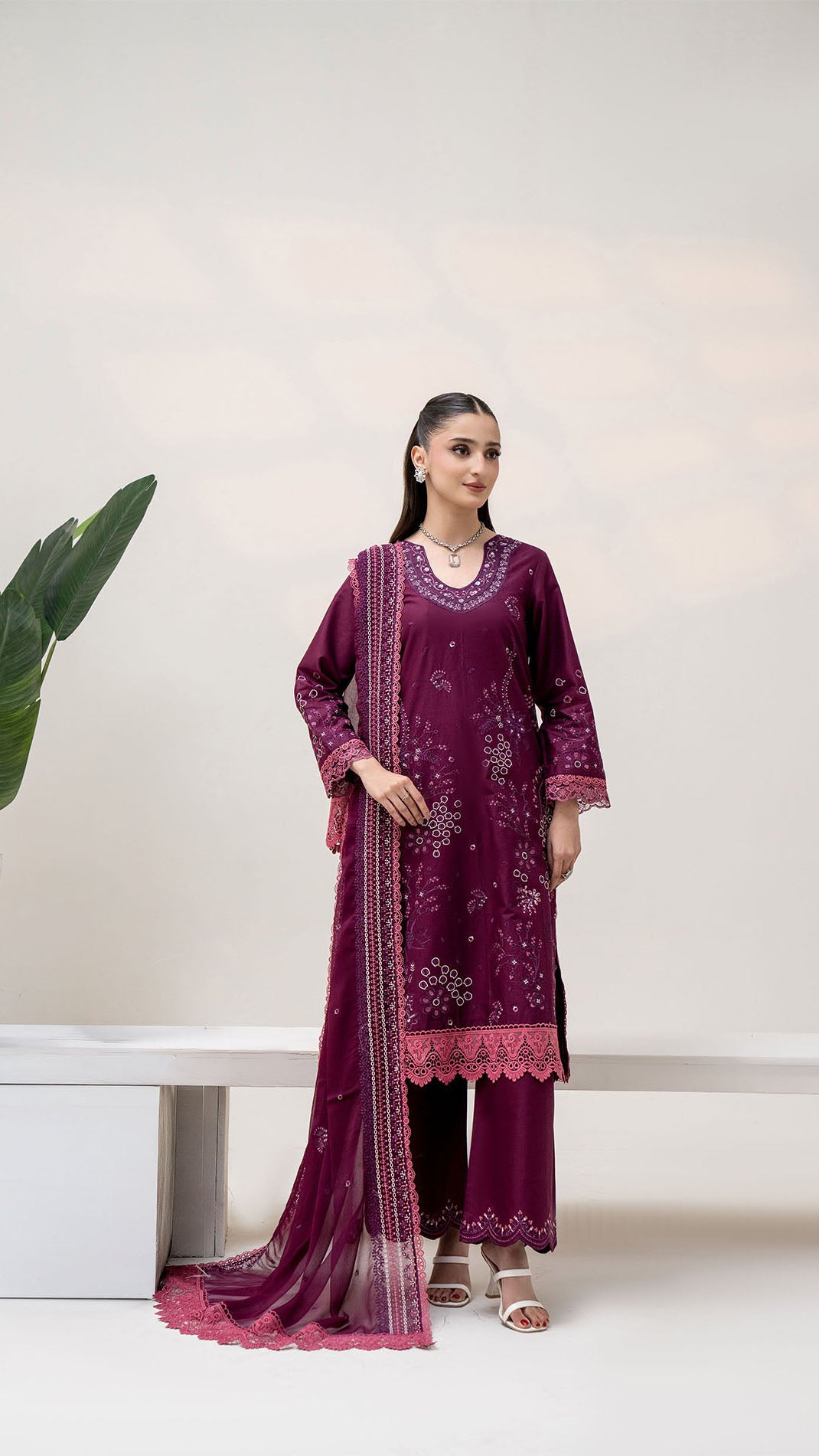 2304 - Purple  Embroidered 3-Piece Cotton Lawn Suit – Elegant Summer Wear